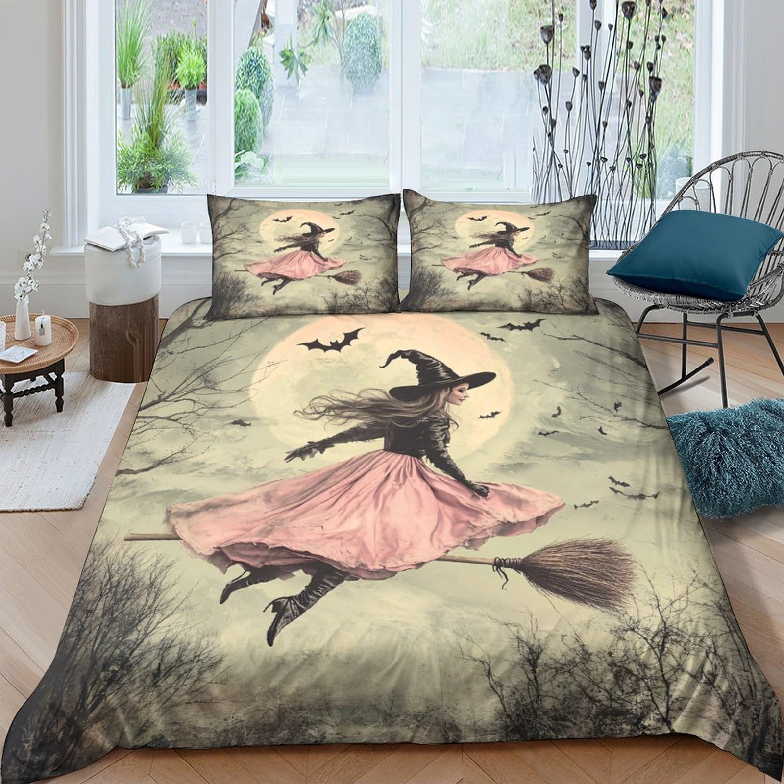 Ctjqhvkz Style-6 3D Printed Witch Flying Moon Fitted Sheet Microfiber Soft Halloween Bat Bed Cover Bedroom Mattress Decor Single（135X200cm）
