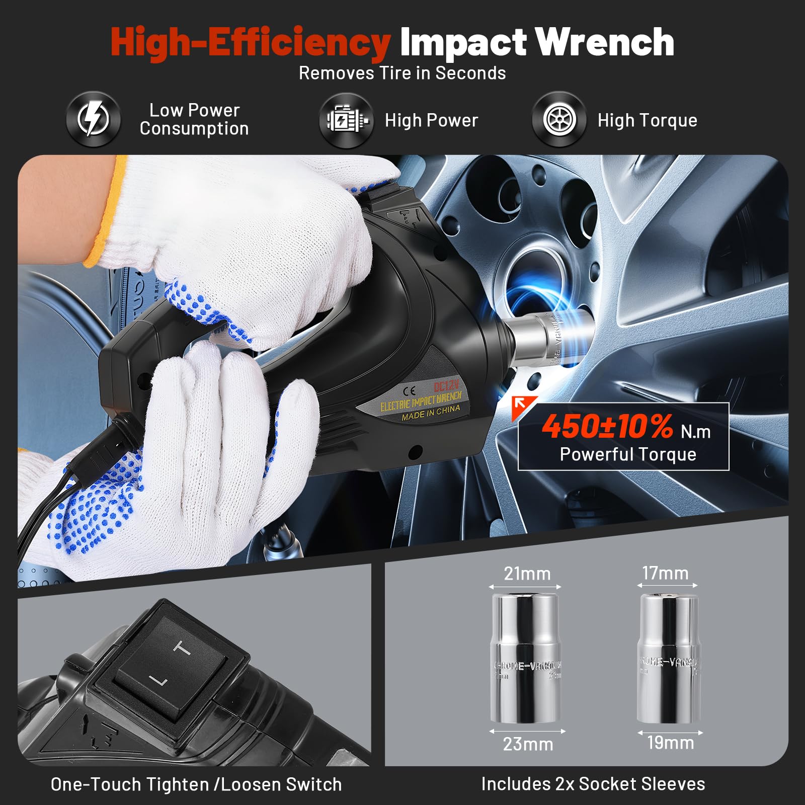 Gato eléctrico 5T, elevación 155-450 mm, operación con un botón, alimentación dual, con llave de impacto y compresor de aire, maletín portátil, 3 en 1 para mantenimiento de vehículos (negro)