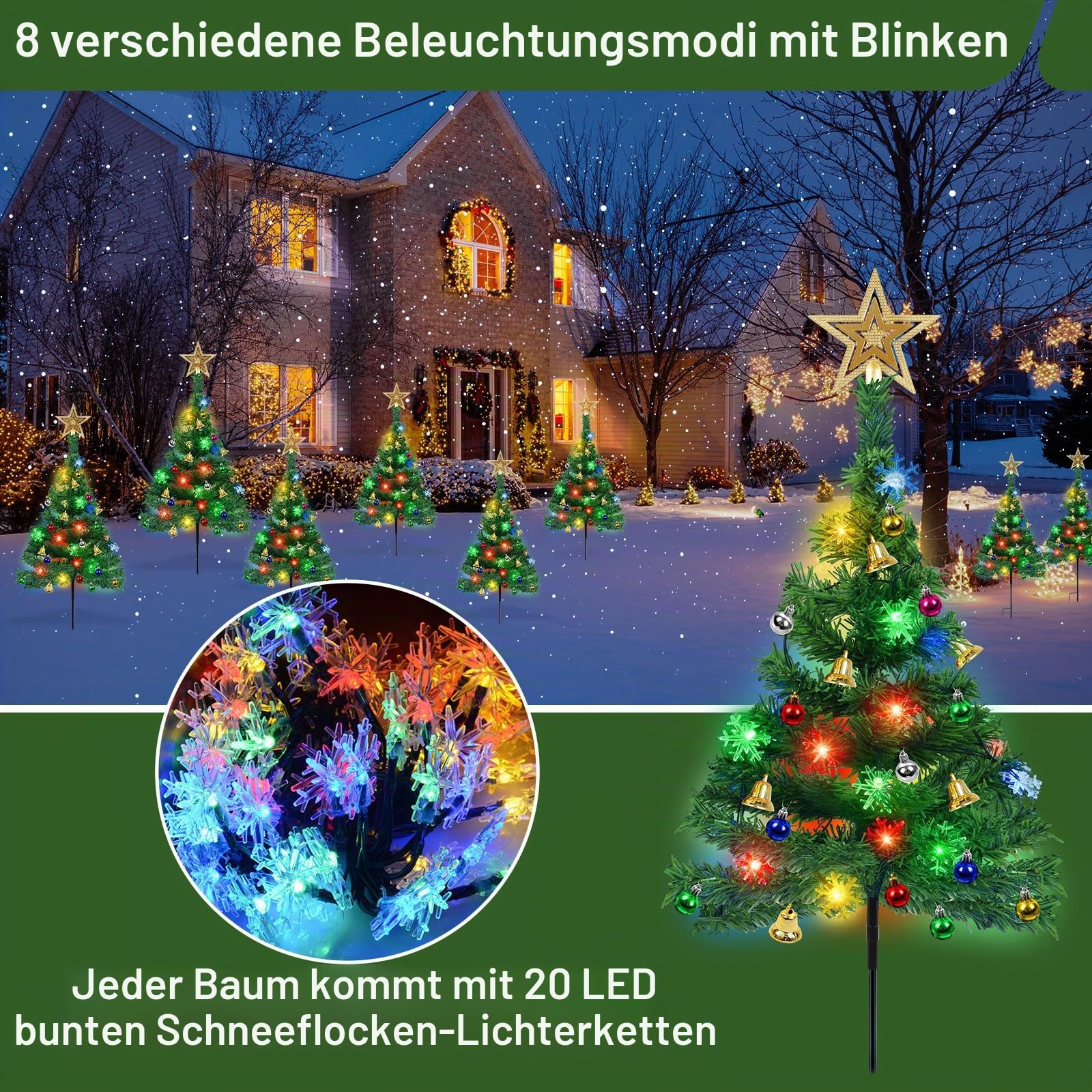 Solar Weihnachtsbaum Lichter Außen, 4 Stück Weihnachtsdeko mit Schneeflocken Lichterkette WeihnachtsbaumSpitze Stern, Weihnachtskugeln, Glocken, Wasserdicht Weihnachtsbeleuchtung Deko für Garten