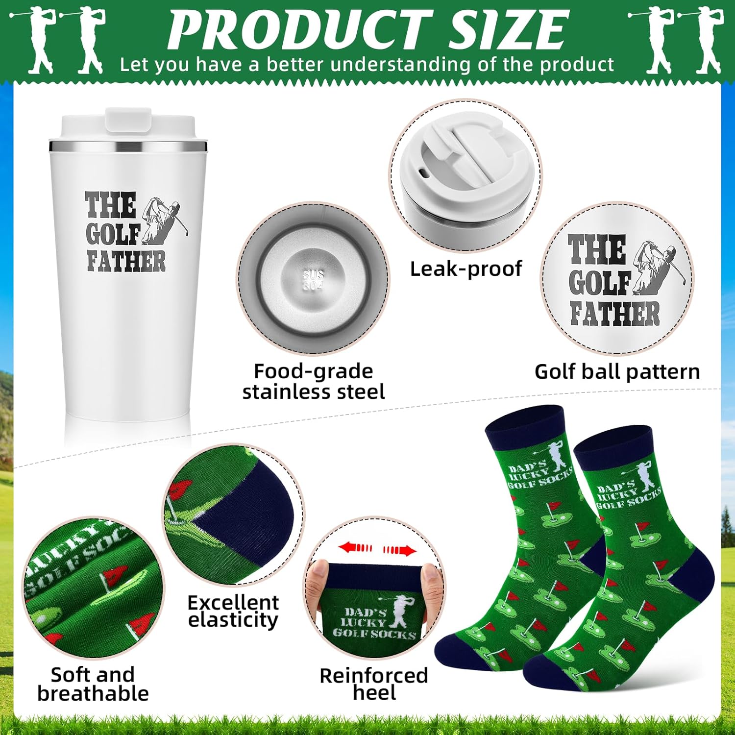 10 Pcs Golf Gifts Set for Dad Funny Golfer Gift for Men Include Tumbler Golf Ball Bag Tees Socks Towels Balls Box for Father's Day Birthday for Dad Husband(Stylish Color) - Image 3