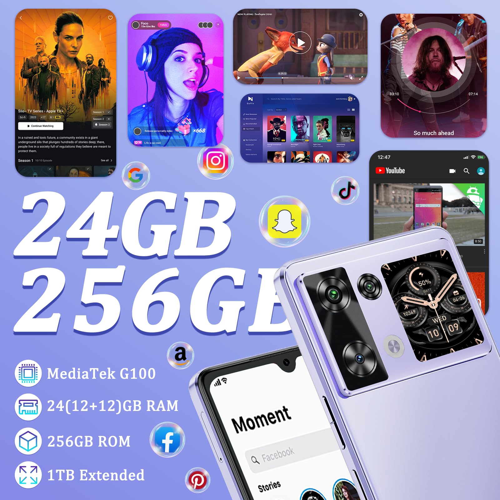 CUBOT P90 Smartphone Android 15, 24GB RAM+256GB ROM Telefono Cellulare G100, 6.88" 120Hz Cellulari e Smartphone, 1.72" Touch Screen Posteriore, 64MP+16MP Telefoni, 5100mAh/18W, NFC/Face ID/Fingerprint