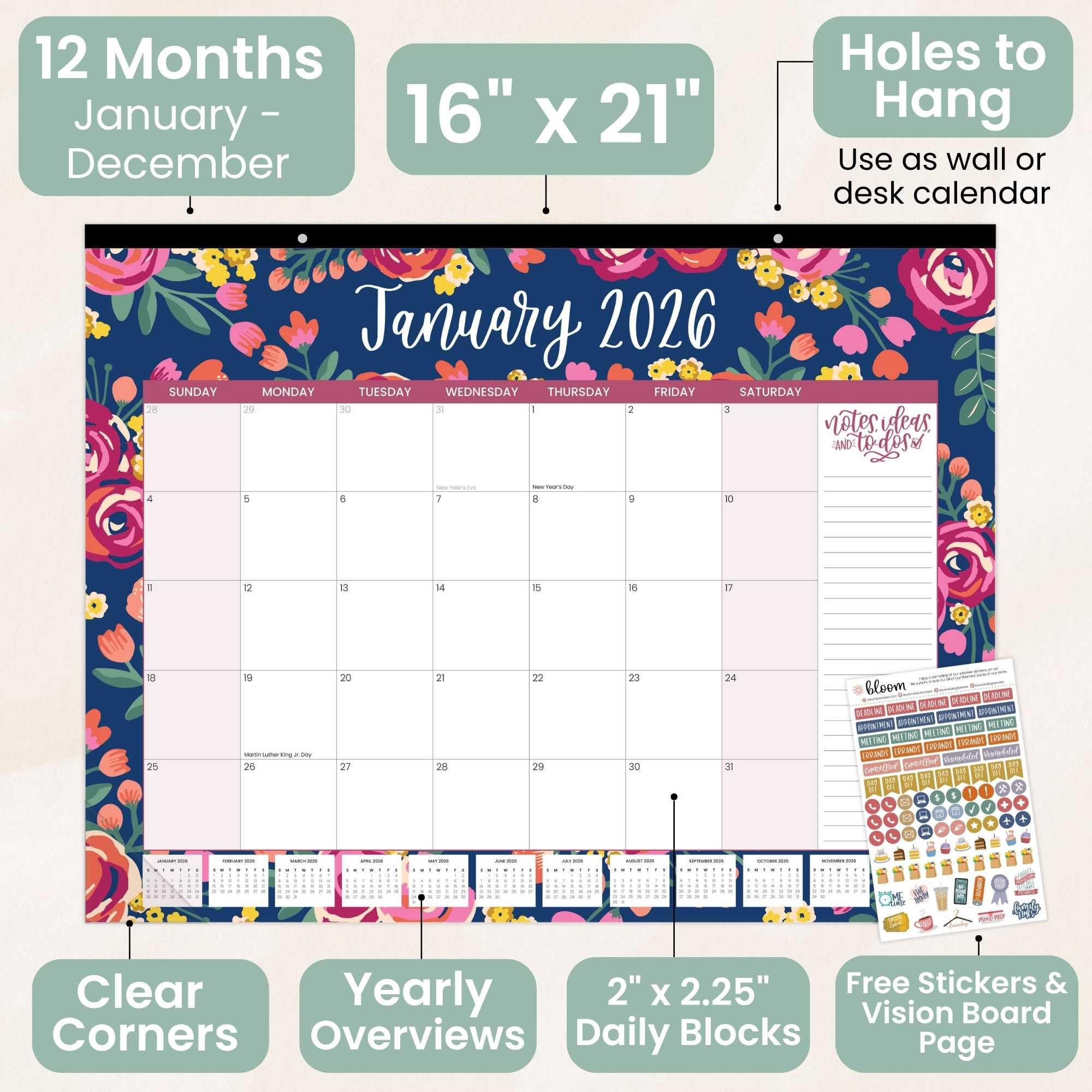 bloom daily planners 2026 Desk Calendar - January to December Large Wall Calendar - 21 x 16 Desktop & Hanging Monthly Planner with Stickers for Home or Office - Vintage Floral - Image 3