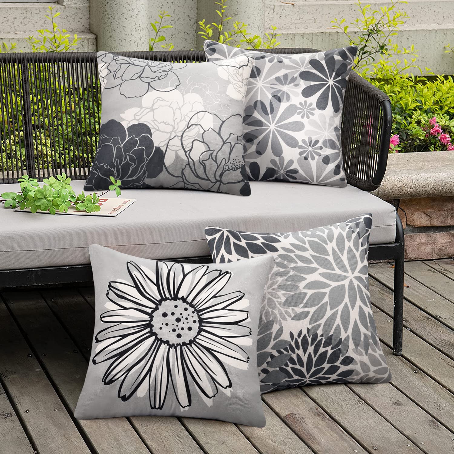 Set Di 4 Federe Per Cuscino 45x45 Cm | Fiori A Acquerello Primaverili Con Citazioni | Lino Poliestere