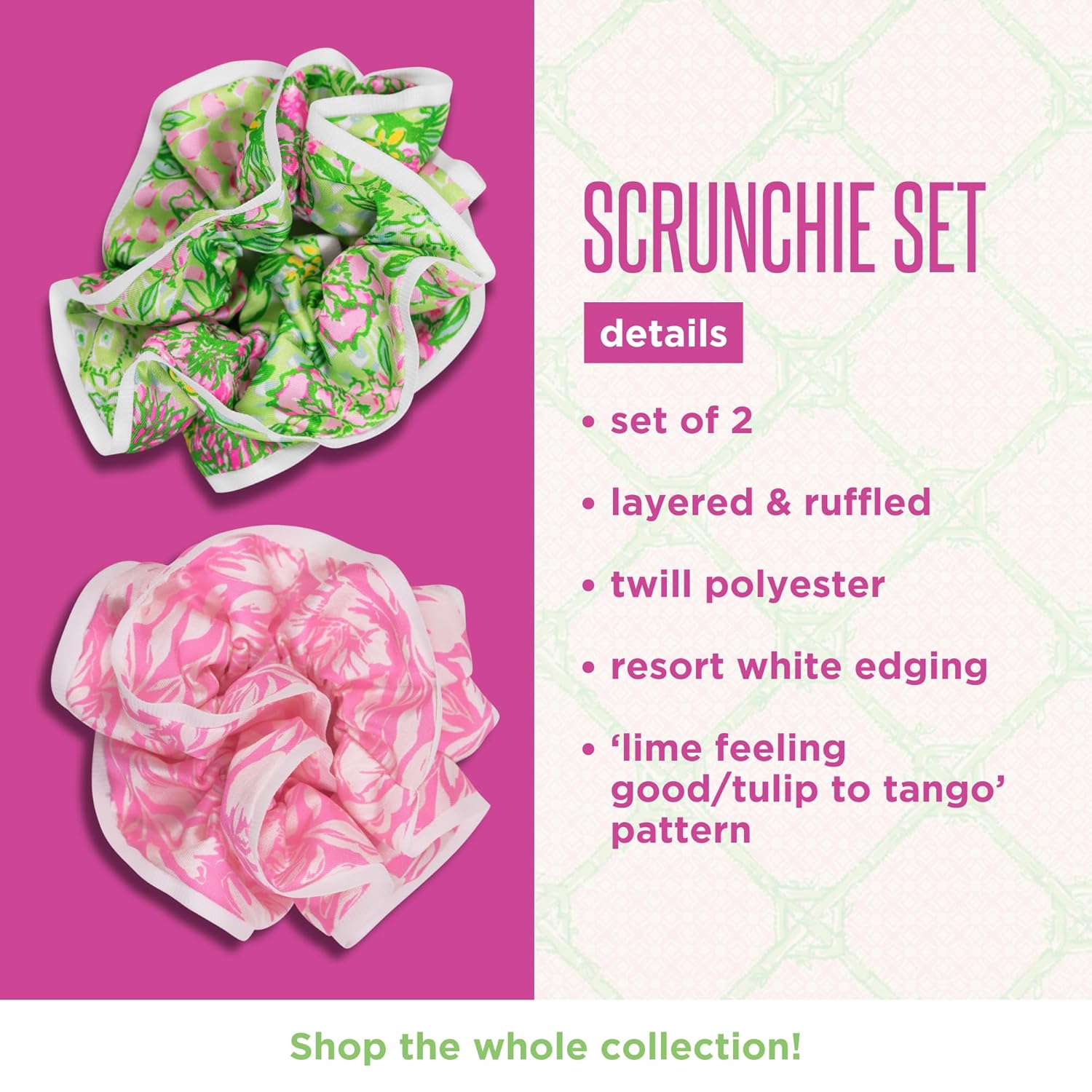 Lilly Pulitzer Hair Scrunchies for Thin or Thick Hair, Cute Ruffled Hair Ties for Women, Set of 2, Assorted