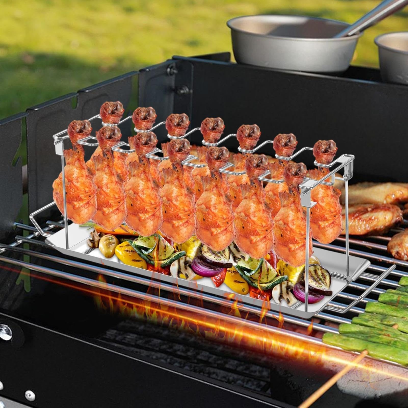 Składany stojak do grillowania ze stali nierdzewnej na udka kurczaka, nieprzywierające narzędzie do grillowania na podwórku, na kemping i imprezy przy grillu, trwały i przenośny