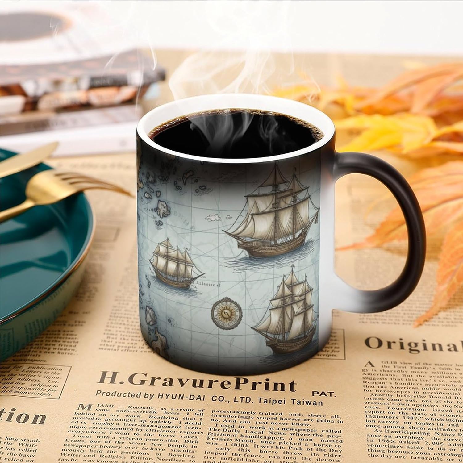 Color Changing Mug Boat Map Printed Ceramic Coffee Mug Heat Changing Sensitive Mug Magic Heat Changing Coffee Mug Novelty Coffee Mugs