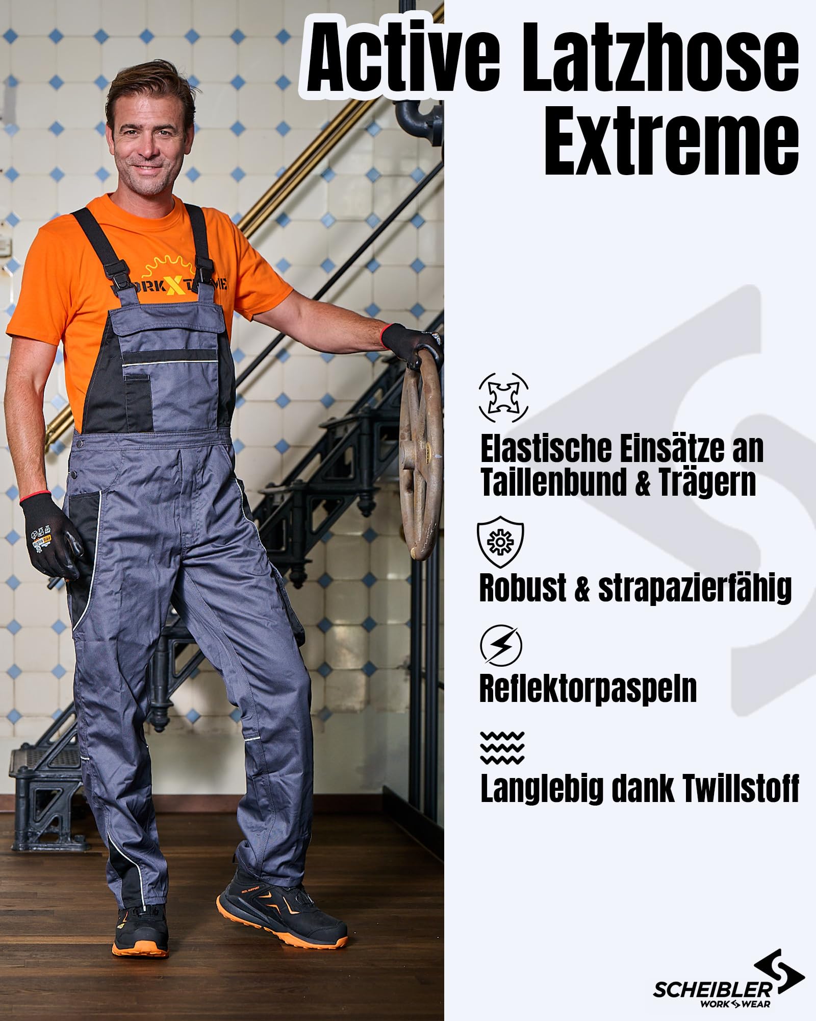 Scheibler Arbeitshosen Männer Reflektierende Workwear Active Latzhose Herren Schnittschutzhose mit elastischen Trägern & vielen Taschen