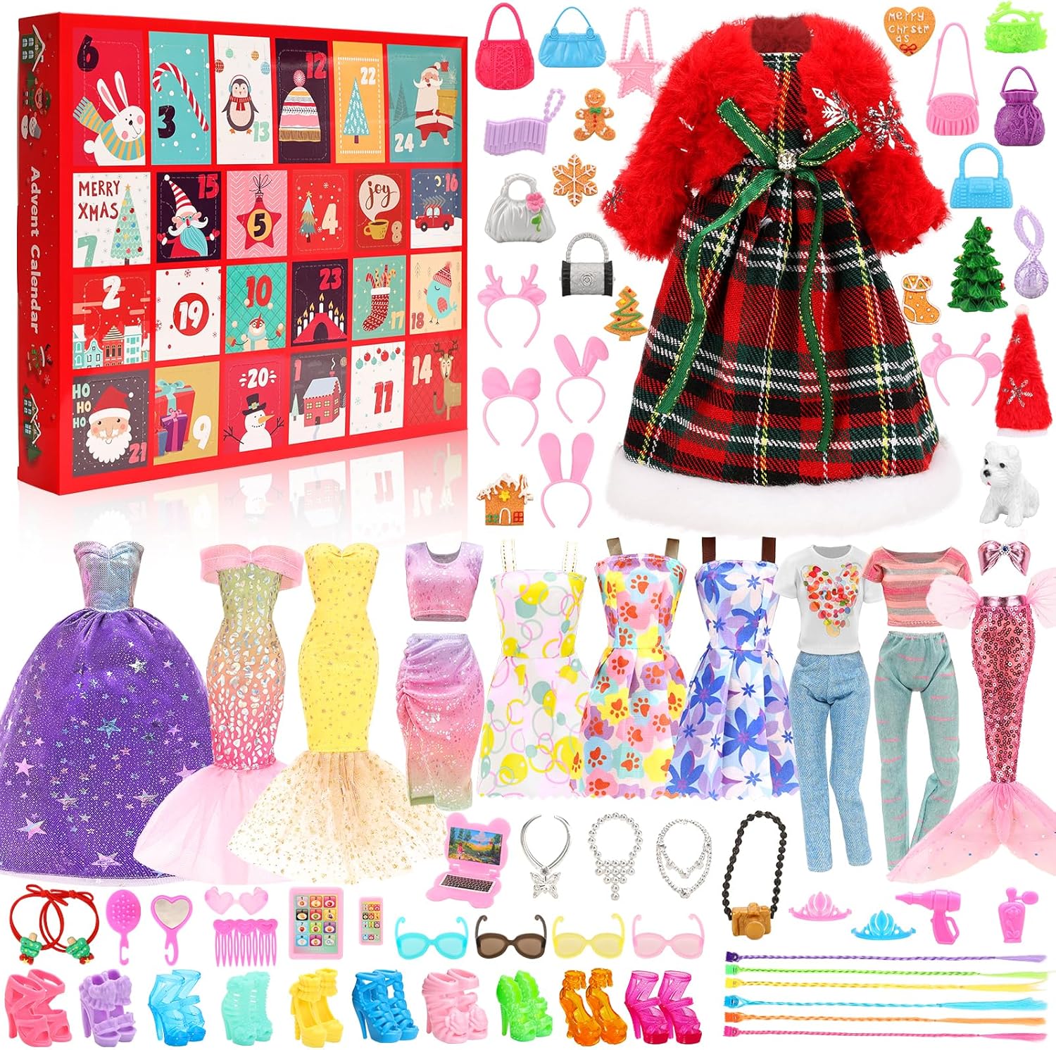 2025 Fashion Advent Calendar 24 Days Surprise Christmas Countdown Canlendar Including 57 Pcs Doll Clothes & Accessories Like Doll Dresses, Outfits, Shoes,etc Xmas Festival Countdown Calendar for Kids