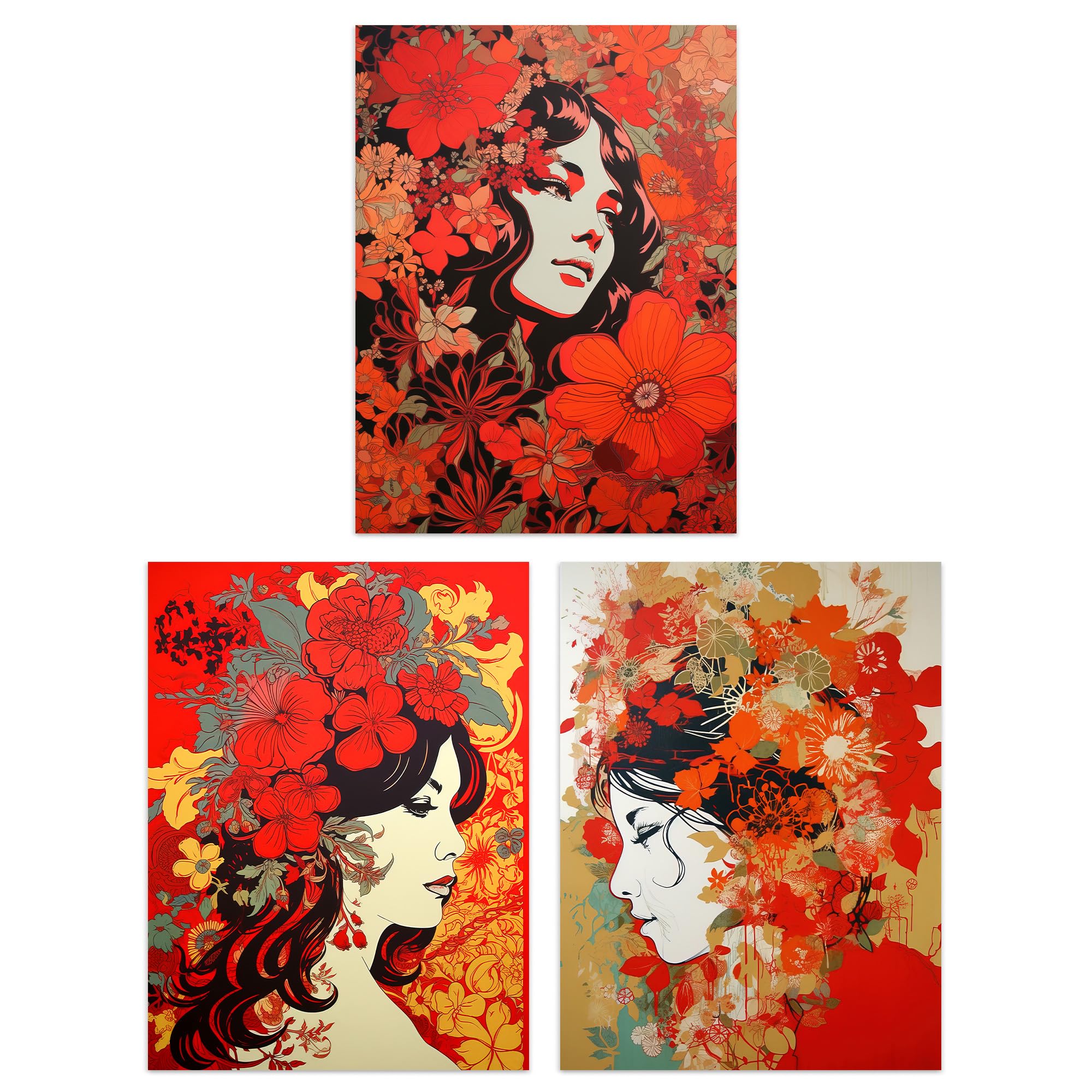 Artery8 Women's Boho Red Heads - Set Of 3 Set Of 3 A4 Faces With Red Flowers Floral Artworks Boho Portraits Unframed Wall Art Living Room Poster Prints Pack