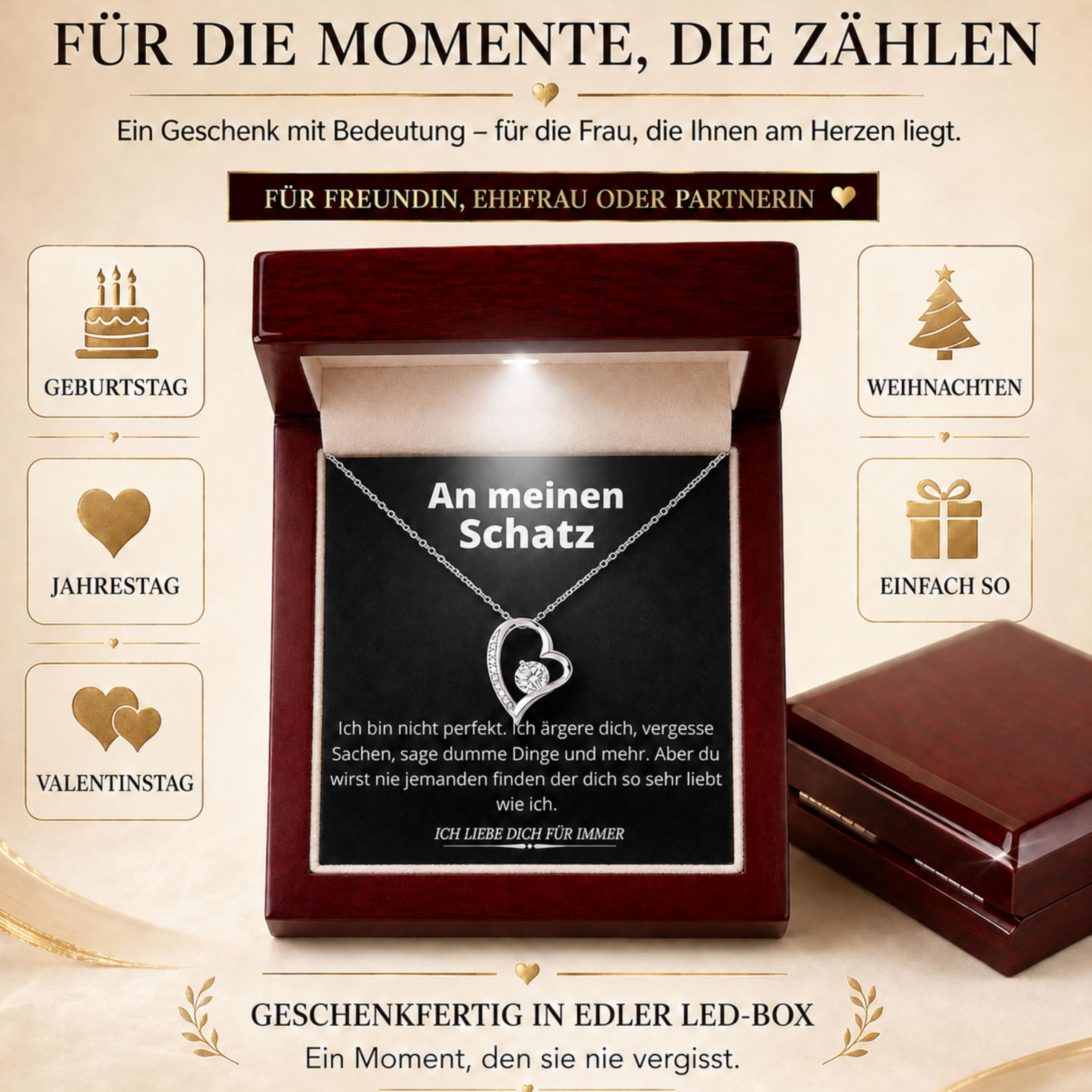 Herz Kette Damen - Geburtstagsgeschenk für Frauen, Geschenke für Freundin, 30. 40. 60 Geburtstaggeschenke mit LED Geschenkbox, Jahrestag Geschenk für Sie