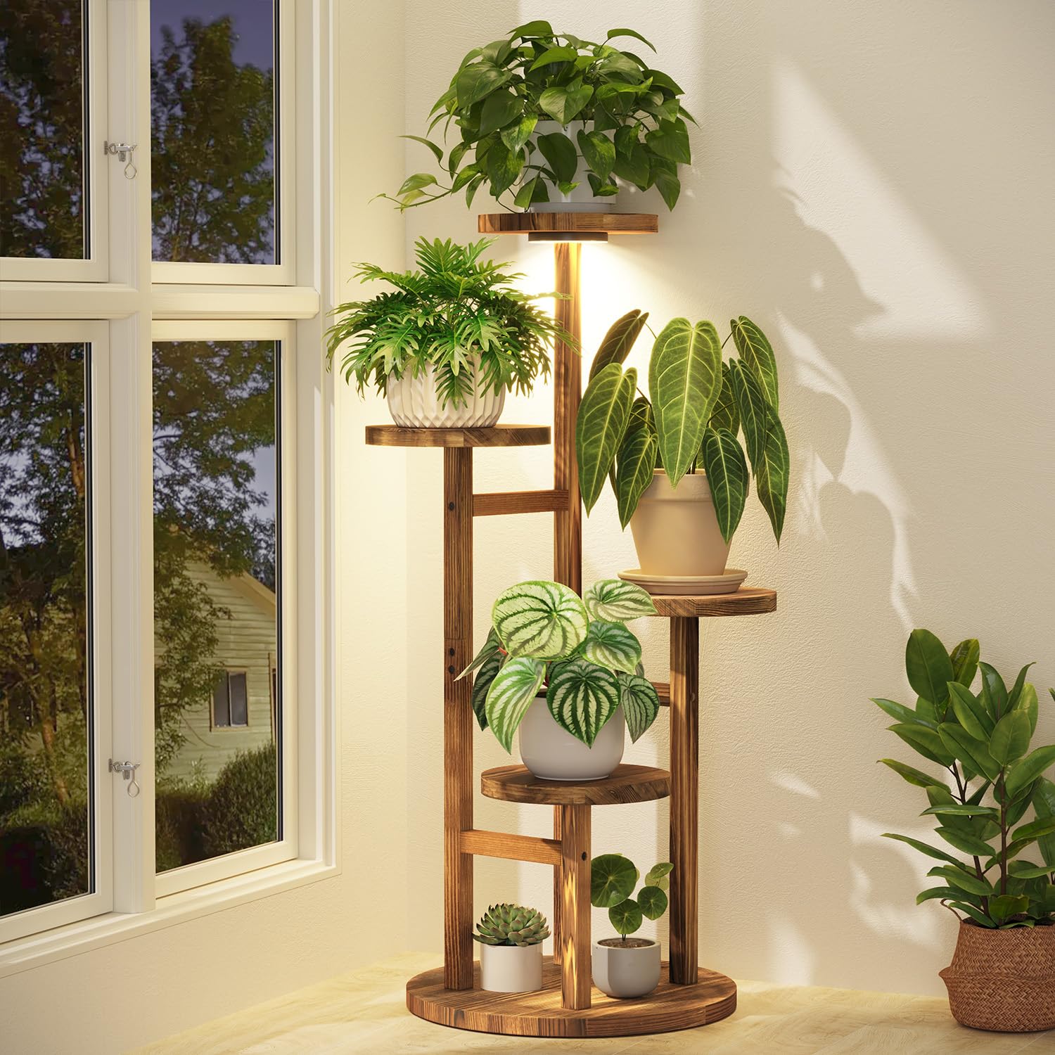 iDavosic.ly 4 Tier Wood Plant Stand Indoor Corner with Grow Light, Brown