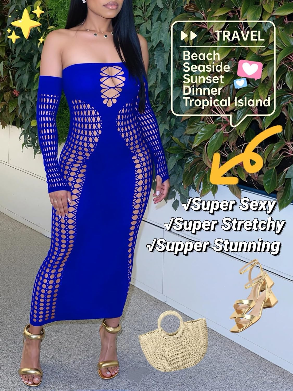 Sexy Outfit for Women Going Out Fishnet Dress See Through Mesh Hollow Out Maxi Club Dresses - Image 5