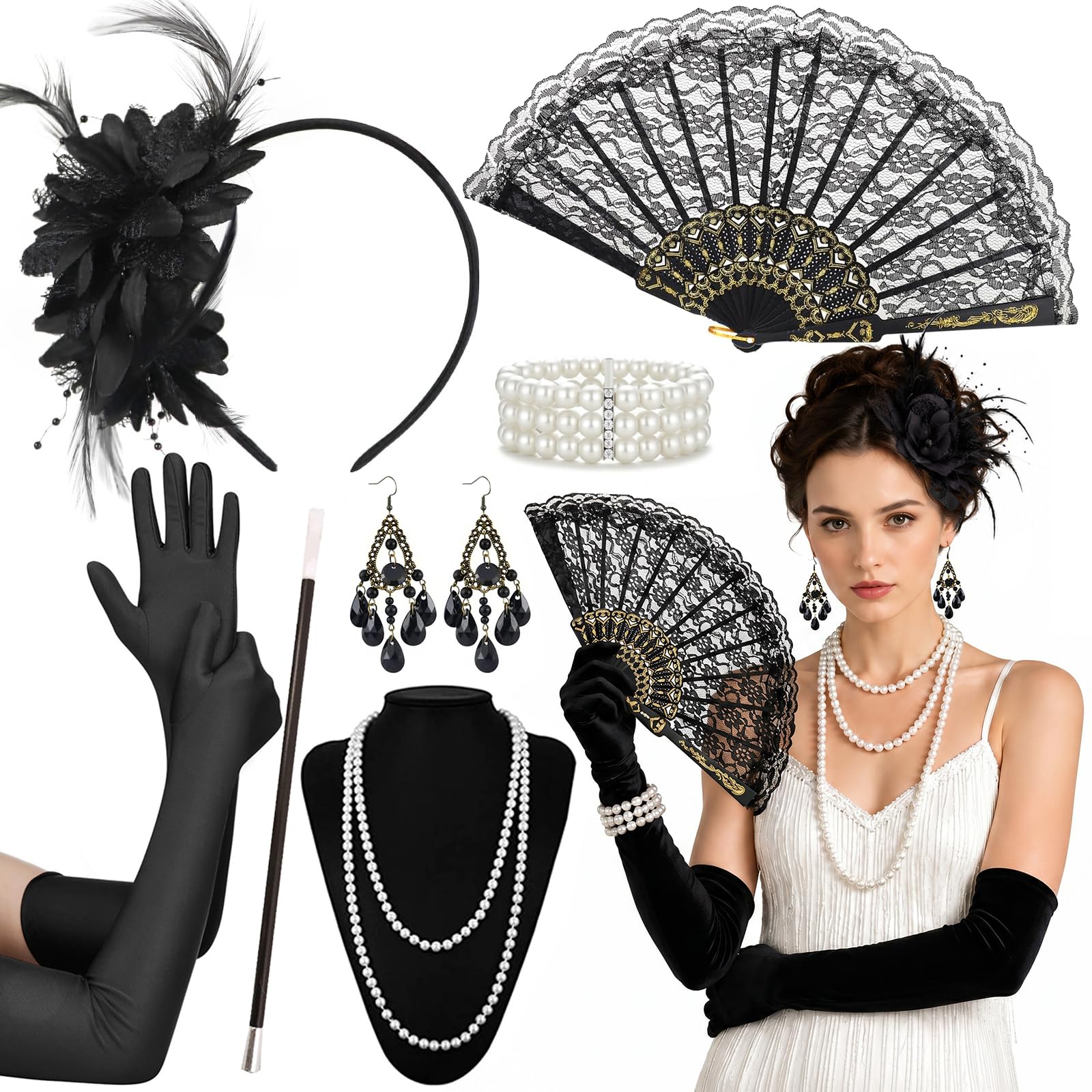 iSharely 7Pcs 1920s Flapper Accessories for Women, Great Gatsby Costume Accessories Set with Lace Fan Headband Gloves Pearl Necklace Bracelet Earrings for Roaring 20s Vintage Party Carnival Halloween
