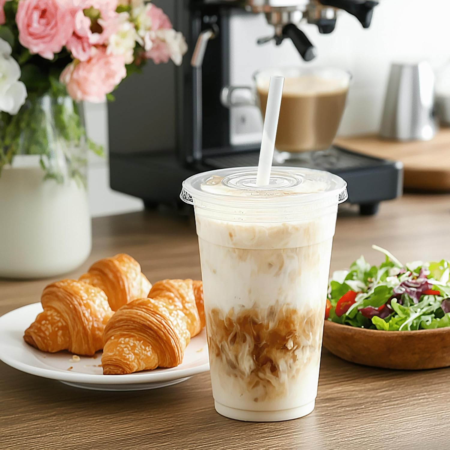 TashiBox 100 sets 24 oz plastic cups with flat lids and straws, smoothie cups with lids and straws, meal prep plastic large cups - Image 4