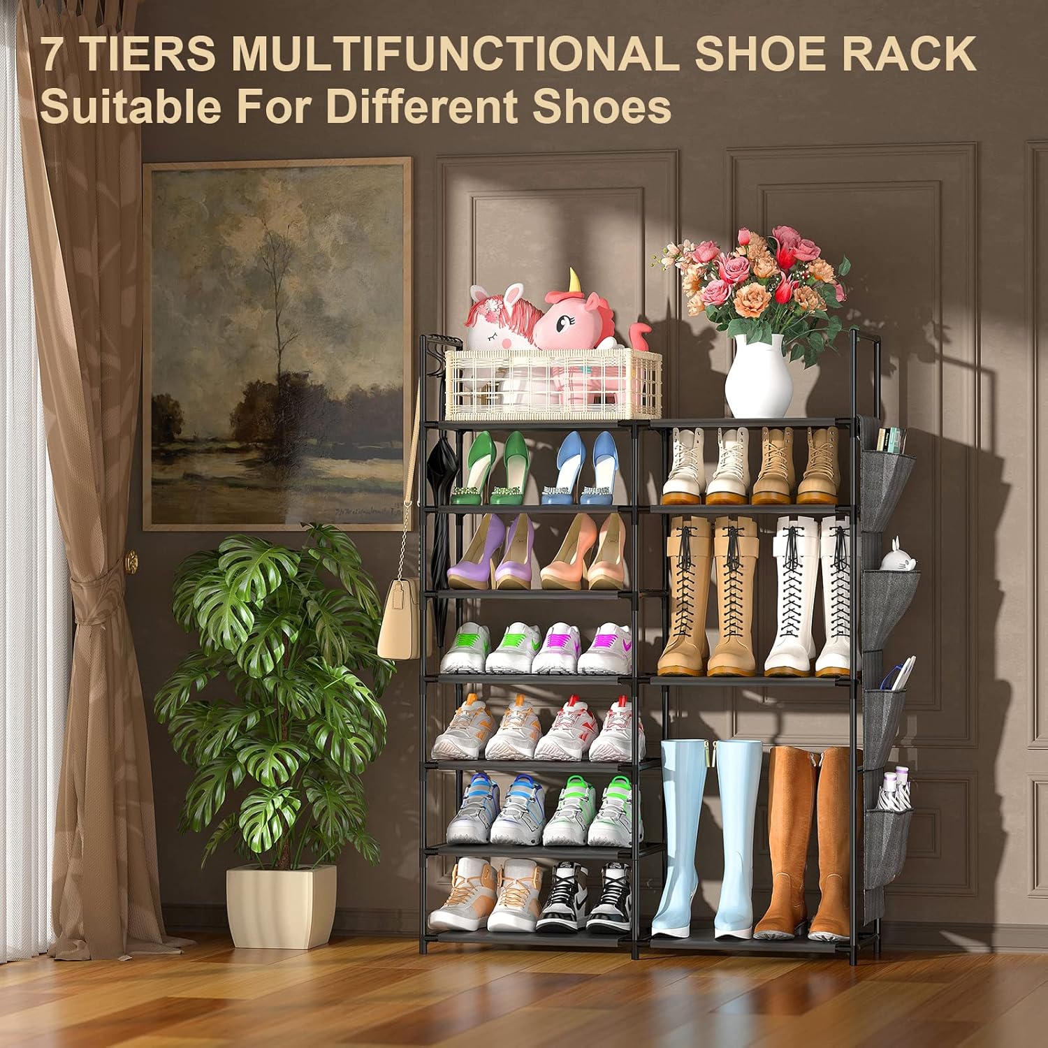 Kottwca 7 Tiers Shoe Rack Metal Shoe Organizer for Entryway Closet, 24-28 Pairs Stackable Shoe and Boots Shelf Storage Cabinet with Hooks and Side Hanging Pockets for Bedroom, Garage, Black