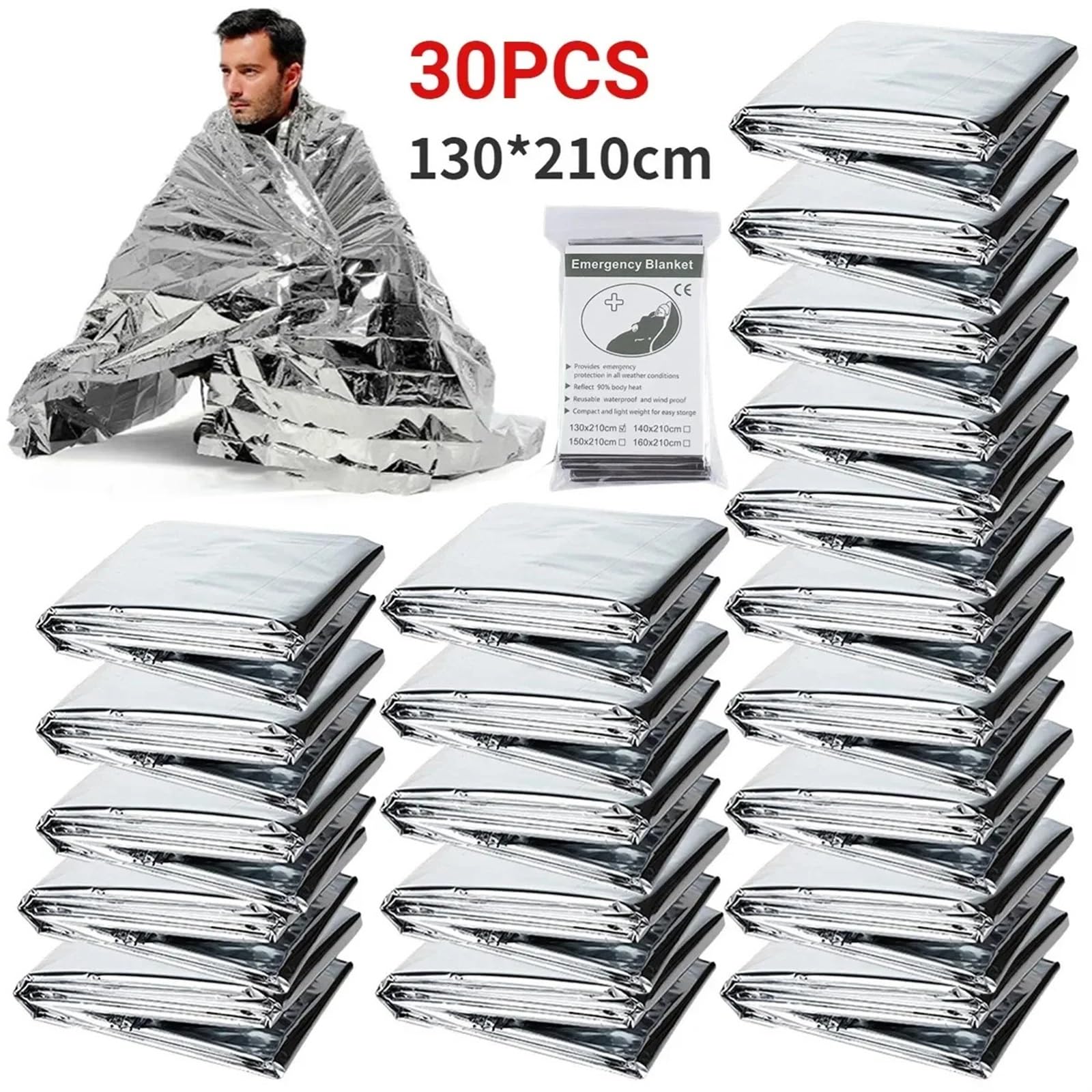 Manta de Supervivencia de Emergencia for Exteriores, botiquín de Primeros Auxilios, Impermeable, Manta térmica for Acampar, 5-30 Uds.(30pcs-Gold)