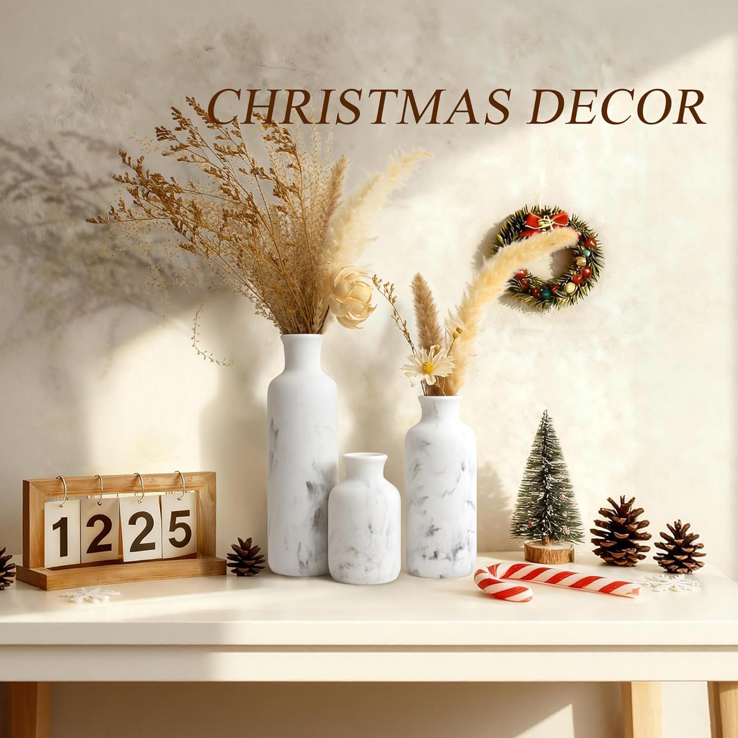 Resin 3 Piece Vase Set, Farmhouse Decor, Home Decorative Vase, Vases for Your Kitchen, Bedroom, Office, Living Room, Bathroom, & Shelf Centerpiece Table Decorations, White Marble Look