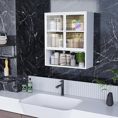 Miniatura 8 de Armario de pared de baño, botiquín de metal con puertas de vidrio estriado, armario montado en la pared sobre el inodoro, armario pequeño negro con