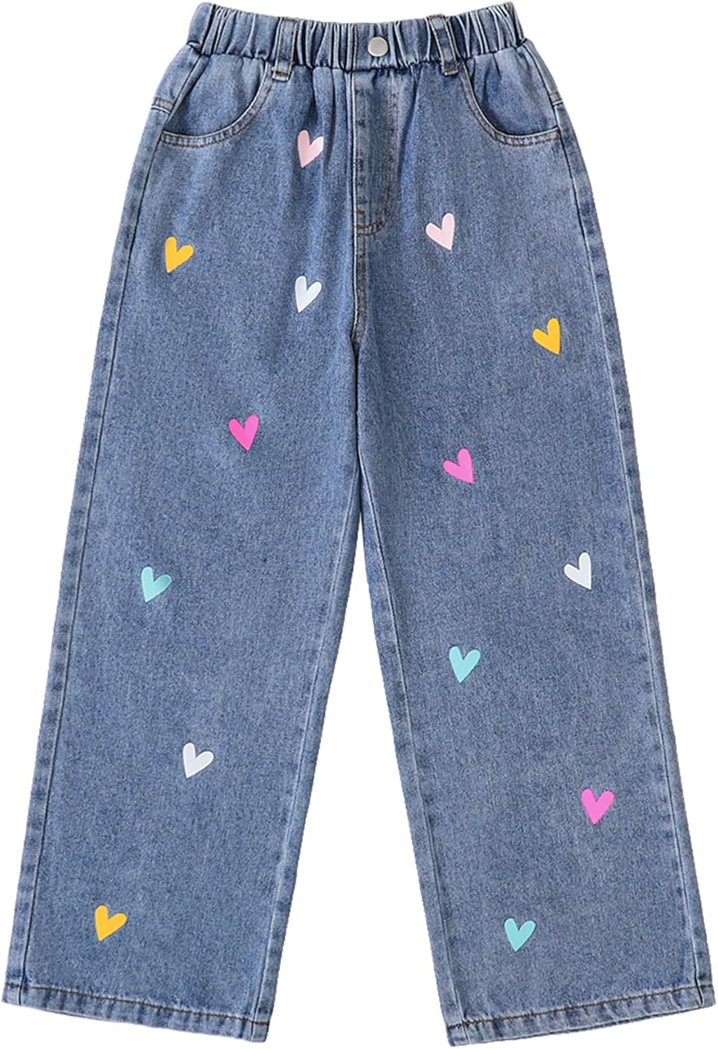 Hilinker Girls Heart Print Baggy Jeans Cute Elastic Waist Straight Leg Denim Pants with Pockets