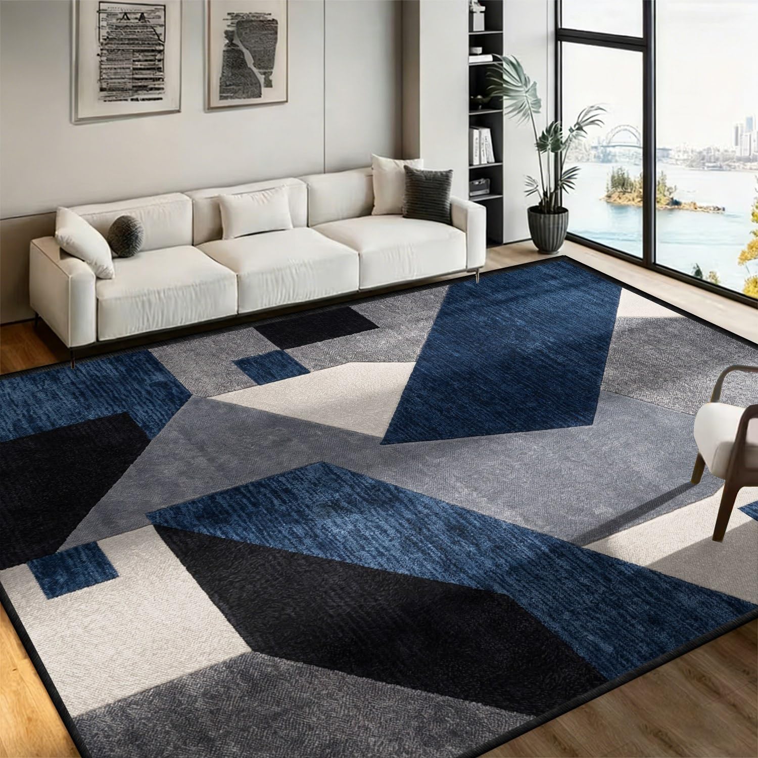 SOJAWA Black Grey Silver Geometric Area Rug 200x260cm, Modern Industrial Patchwork Living Room Rugs, Washable Non Slip Low Pile Soft Indoor Rug for Bedroom Home Office