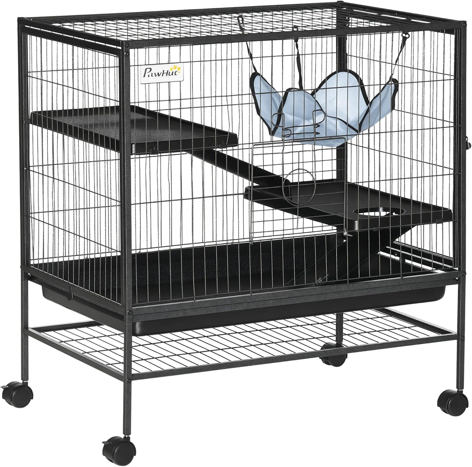 PawHut Small Animal Cage with Wheels, Pet Playpen for Syrian Hamster, Cat, Ferrets, Chinchillas with Bottom Storage Shelf, Removable Tray, Ramp, 31.5" x 20.5" x 33.1"
