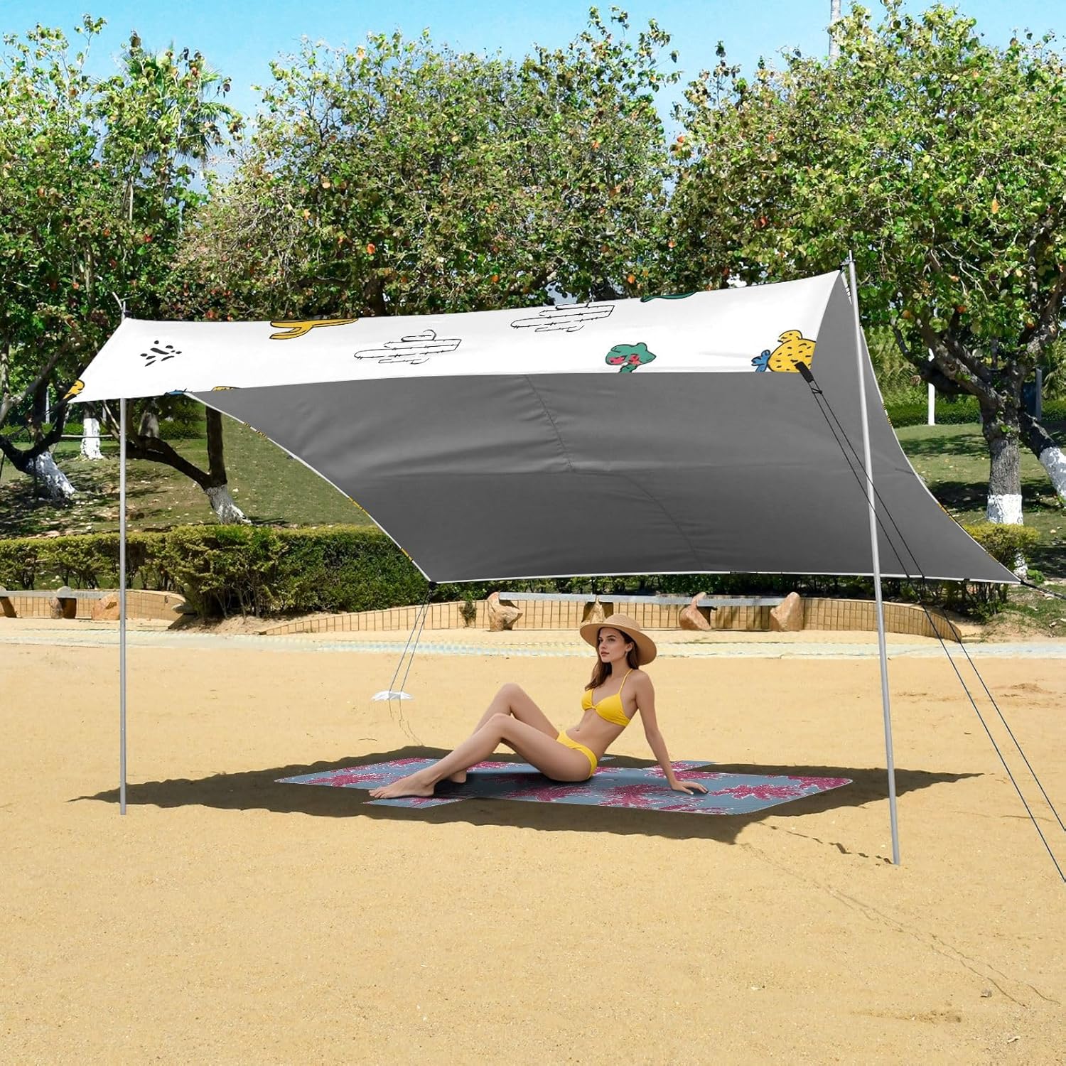 ALAZA Cactus Pattern Beach Tent Sun Shelter UPF50+ Protection Beach Shade Canopy w/ 4 Sandbags for Outdoor Camping, Fishing, Backyard Fun, Picnic, 10x9 ft