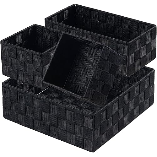 Posprica Small Black Baskets Cube Bin Container Tote,Woven Storage Baskets for Organizing Organizer Divider for Drawer, Closet, Shelf, Dresser, Set of 4
