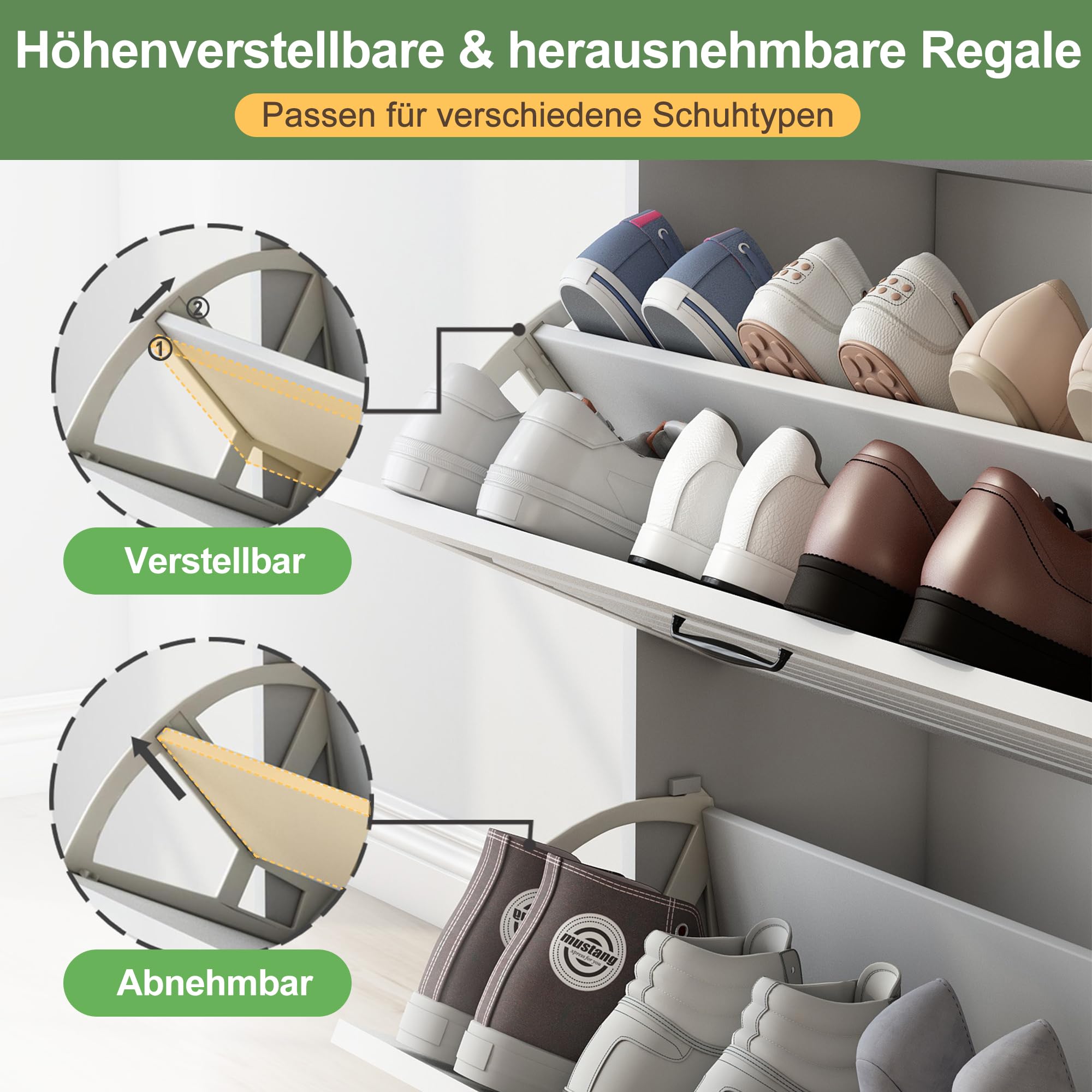 Cómoda de Zapatos con Zapatero Giratorio, compuesta por Tres Grandes Puertas abatibles y Dos cajones. Zapatero de Madera y estantería para Zapatos (White + Particle Board)