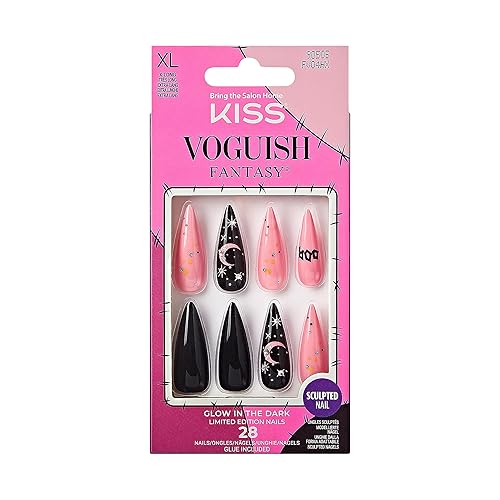 KISS Voguish Fantasy - Uñas de Halloween, color negro y rosa, longitud extralarga, forma de aguja, pegamento de uñas de gel rosa (0.07 oz), lima de