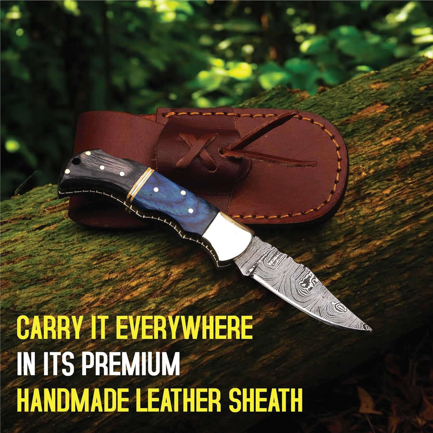 6.5 inch Damascus Pocket Knife with Sheath, Handmade Folding Pocket Knife for Men, Black-Red Wooden Handle with Brass Bolster, Secure Lock Back Camping Knife for EDC,Hunting,Hiking (Blue)