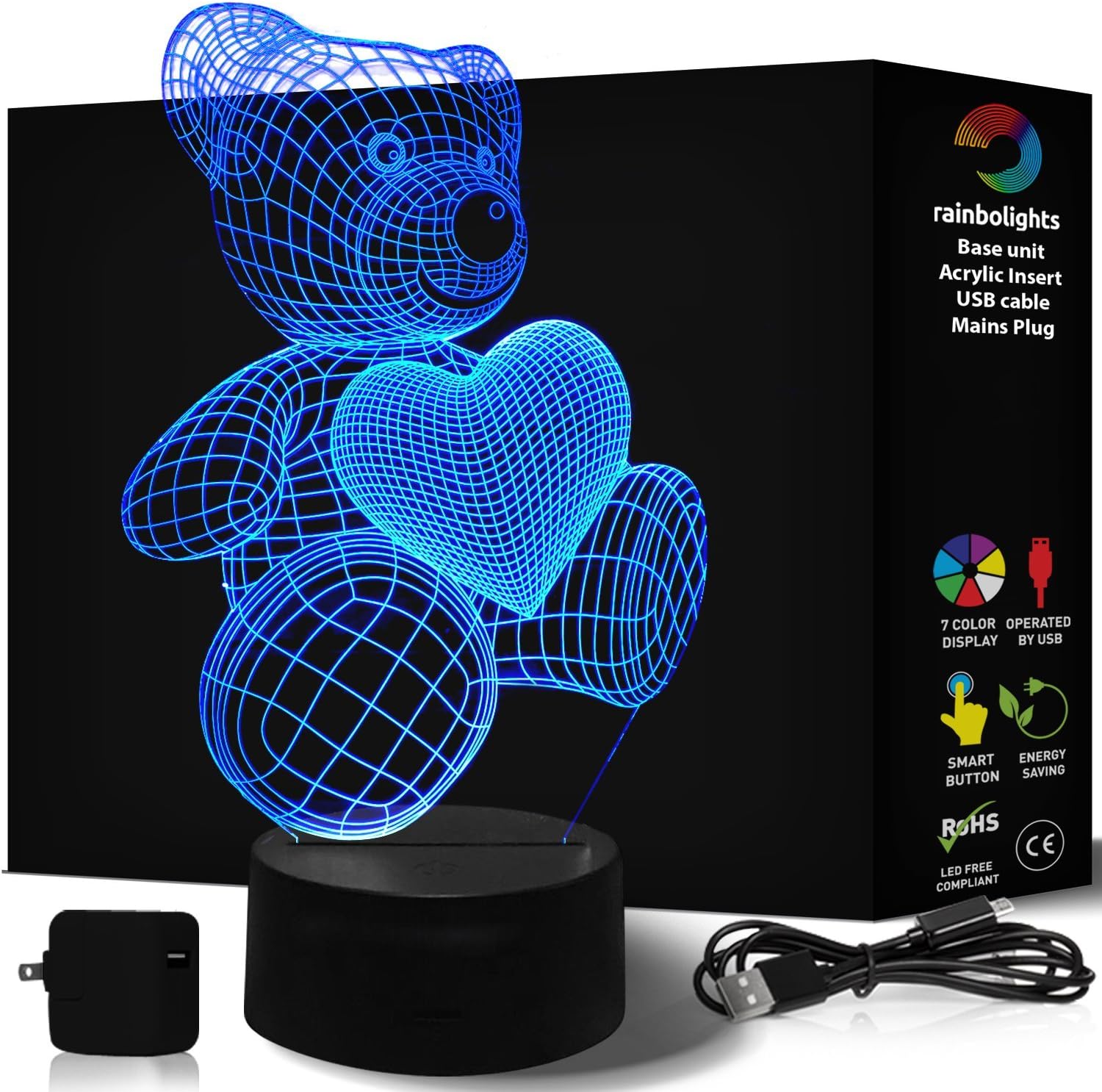 Teddy Bear 3D Night Light 7 Color LED Does Not Get Hot Includes Mains Plug and USB Cable Larger Size 242mm X 145mm A Great Gift for Girls Mom Perfect Girls 3D Illusion Lamp by rainbolights