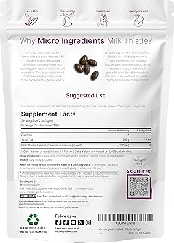 Micro Ingredients Milk Thistle Supplement | 360 Softgels with Grape Seed Oil | Highly Bioavailable Extract | Contains Active Silymarin + Antioxidants
