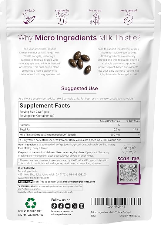 Micro Ingredients Milk Thistle Supplement | 360 Softgels with Grape Seed Oil | Highly Bioavailable Extract | Contains Active Silymarin + Antioxidants