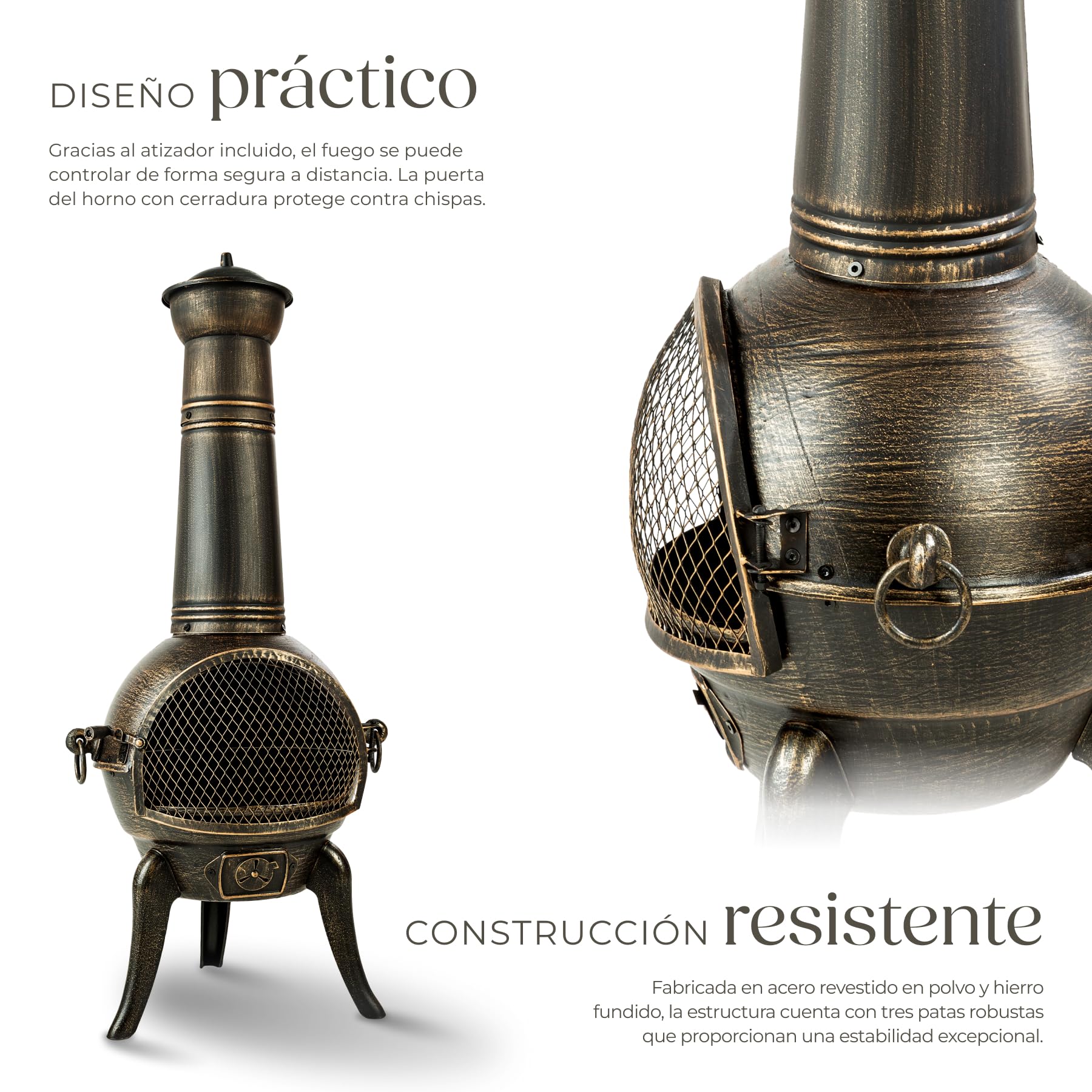 tectake® Estufa de Hierro Fundido Exterior, 44 x 52 x 115 cm, Chimenea con Puerta Anti-chispas, Parrilla Extraíble, Tapa para Tiro, Incluye Atizador, Ideal para Terraza Exterior y Jardín