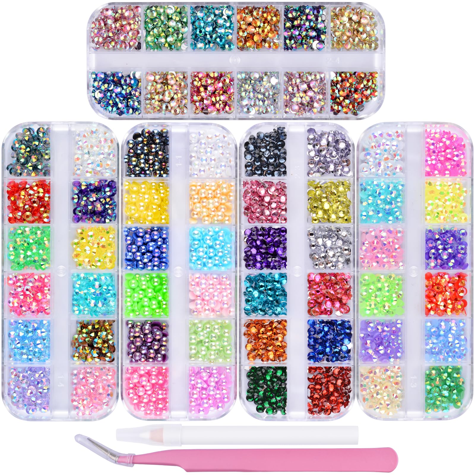 Kikonoke 5 Boxes Nail Art Rhinestones Half Pearls Kit 3D Flatback Jelly Crystal Gems Diamantes Design for Crafts Face Clothes Clothes Glass