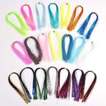 21 Pack Fly Tying Materials Kit 7 Packs Each of Straight Holographic Flashabou, Holographic Flat Tinsel, and Curly Fluorescent Spiral Flash for Fly Fishing Lure Flies.