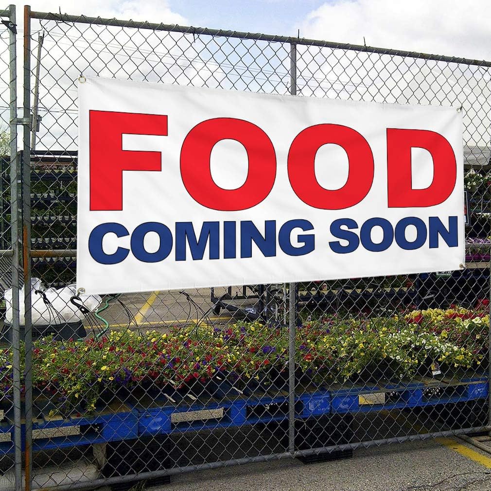 Vinyl Banner Multiple Sizes Food Coming Soon Red Blue Bar Restaurant Truck Business Outdoor Weatherproof Industrial Yard Signs 4 Grommets 24x48Inches
