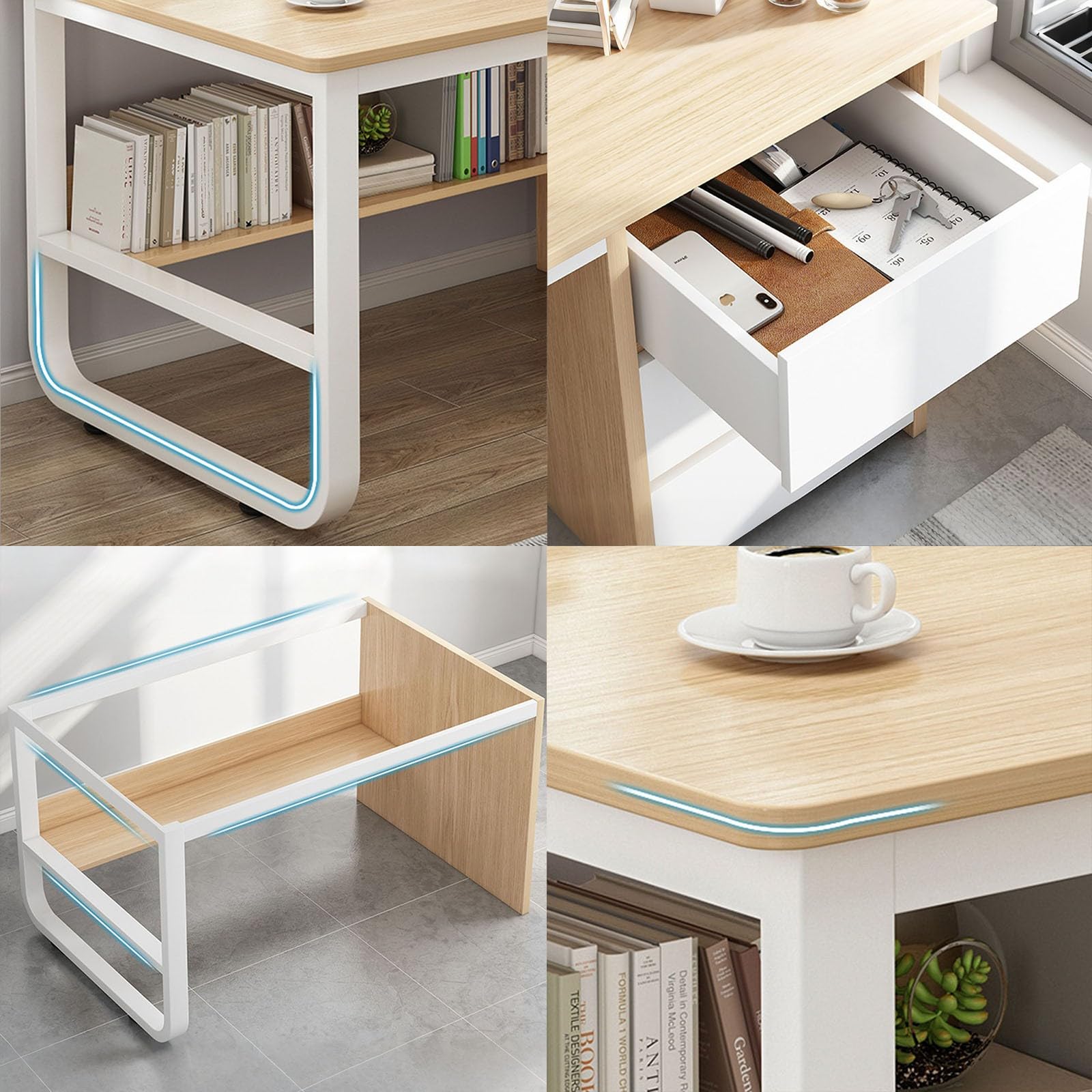 Mesa de Ordenador para Oficina Mesa Escritorio de Madera Estructura Metal con 3 Cajones Estación Trabajo para Teletrabajo, Estudio, Dormitorio, Oficina En Casa A,120CM