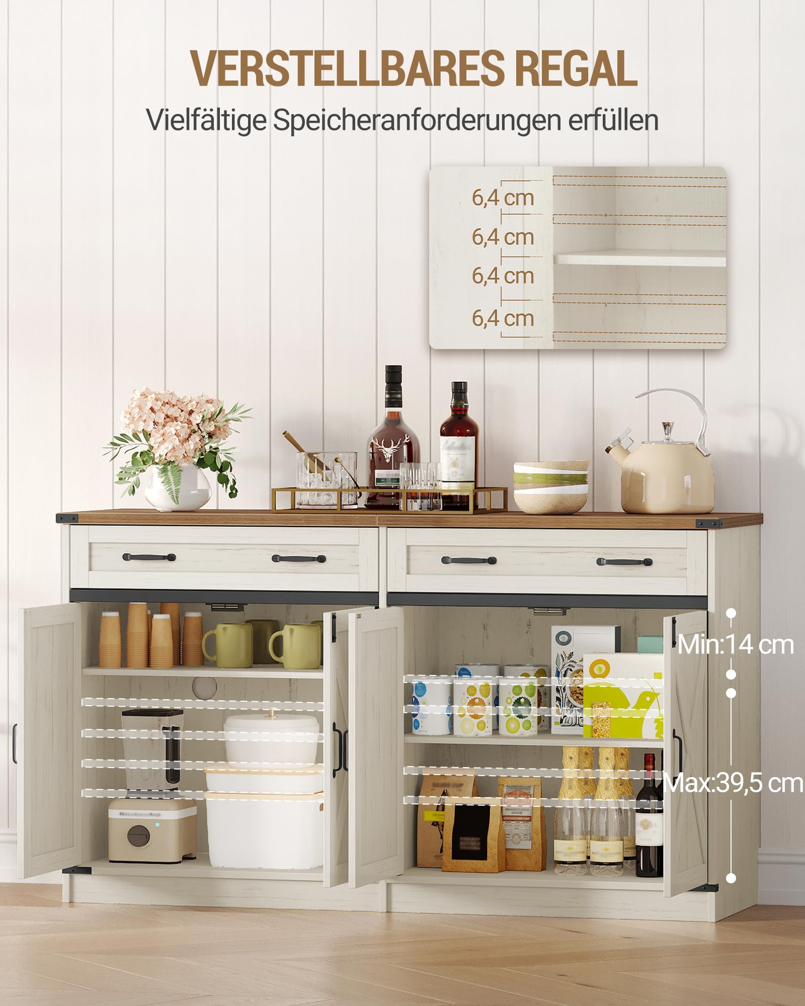 Hzuaneri Küchenschrank, Buffetschrank mit 2 Schublade, Sideboard mit 4 Türen, Verstellbare Einlegeböden, Landhausstil, Küche, Wohnzimmer, 40 x 140 x 80 cm, Vintageweiß-honigbraun, SC94814X