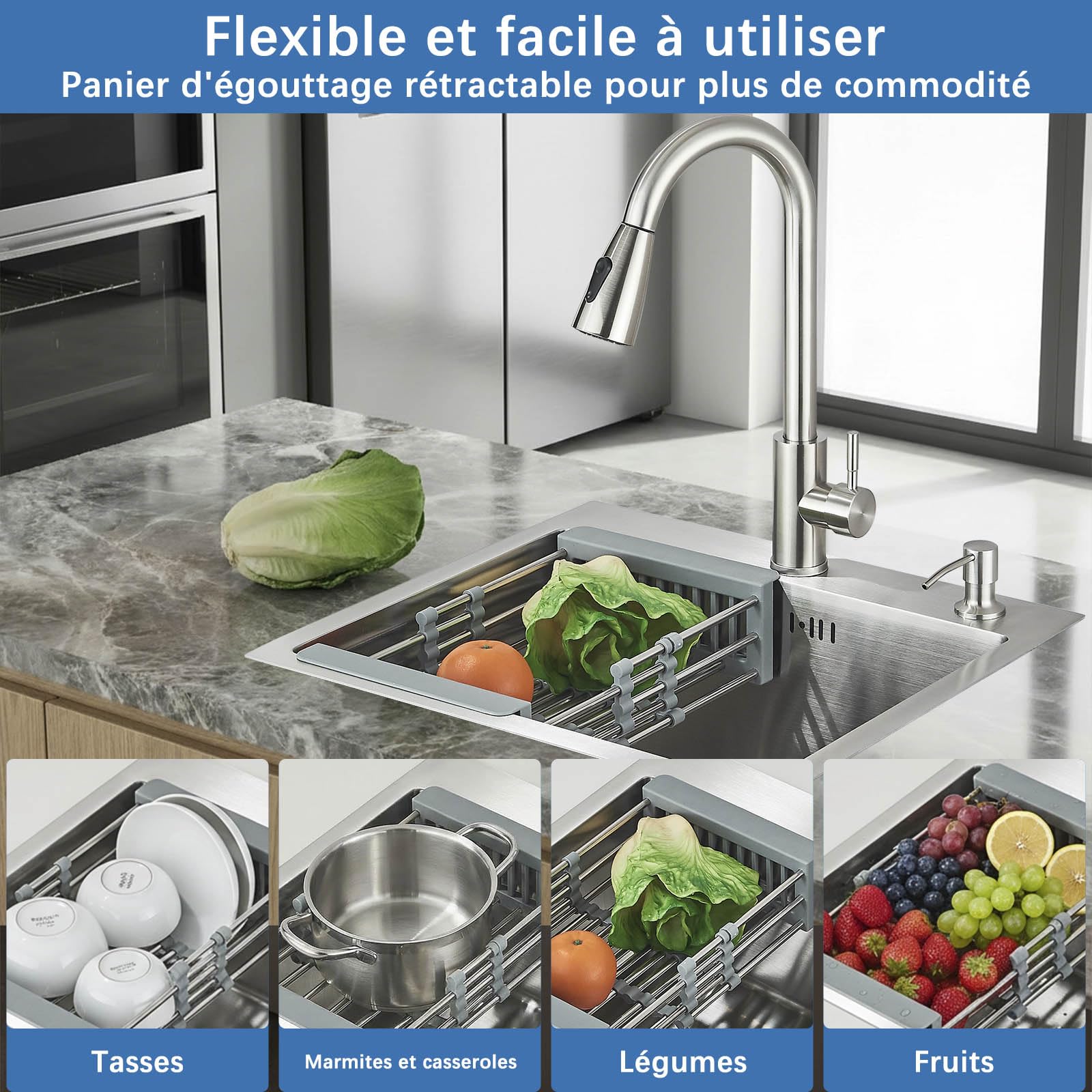 Évier de cuisine en acier inoxydable avec robinet extensible pour montage en saillie et à ras de surface, brossé