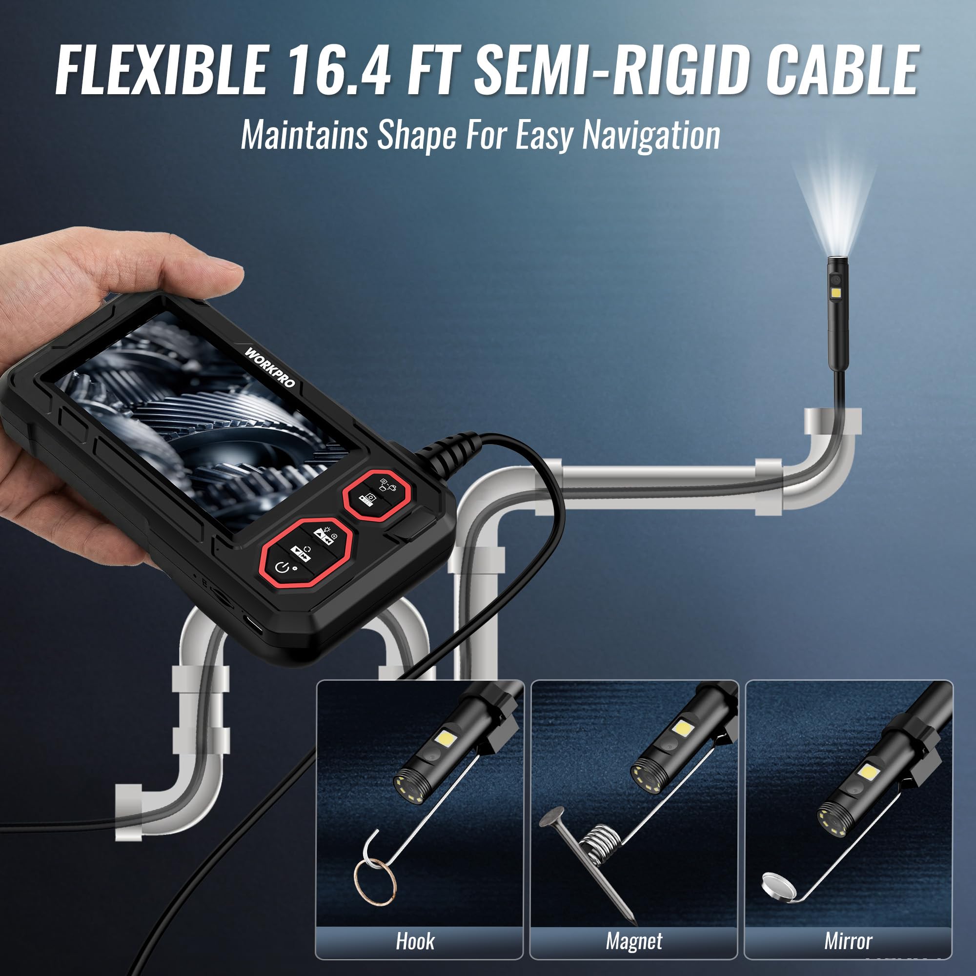 WORKPRO Cámara Endoscópica 1080P HD, Pantalla IPS 4,3", Boroscopio Digital Industrial con Tarjeta TF 32 GB, 8+1 LEDs, Cable Semirrígido 5M, IP67 para Inspección de Tuberías y Automóvil