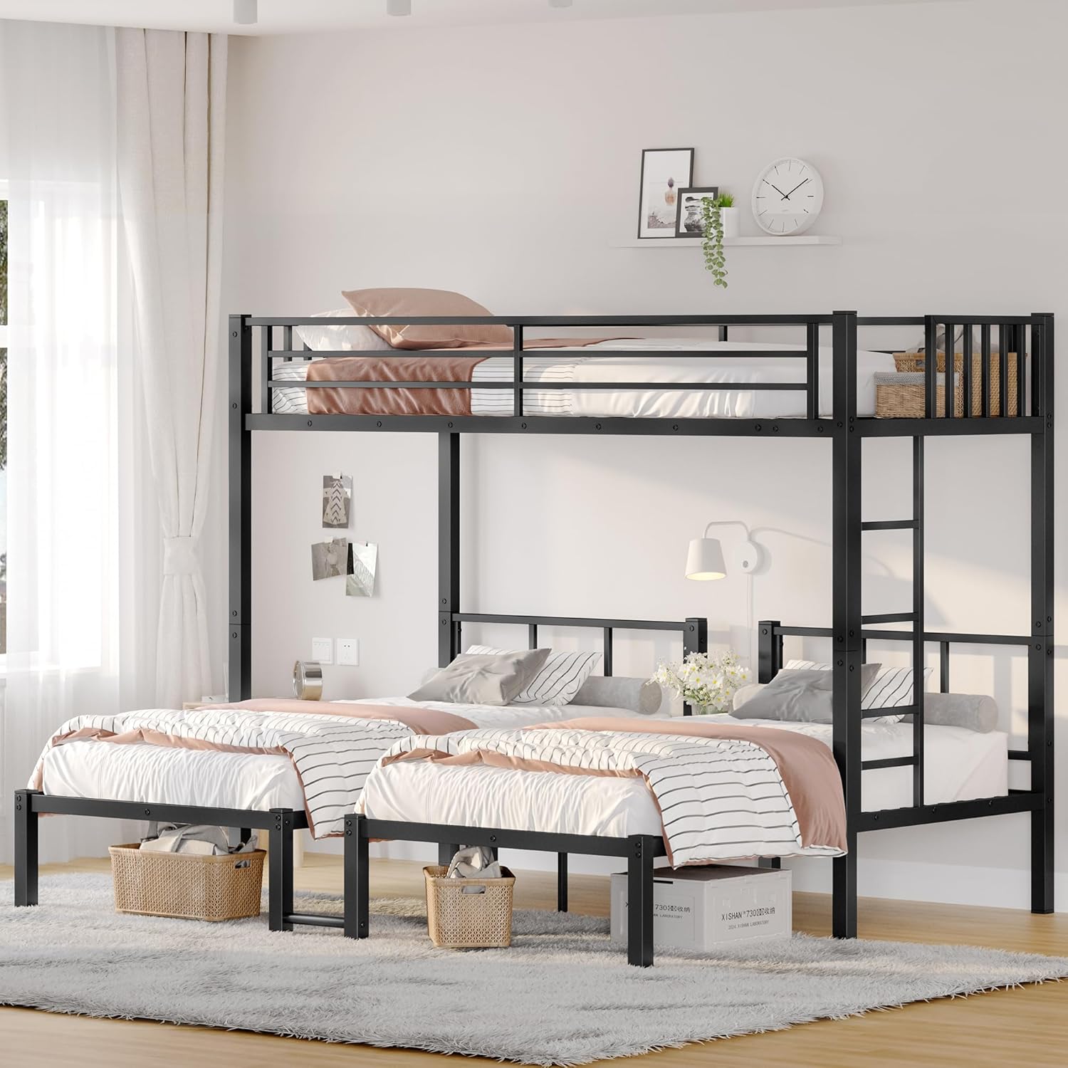 Metal Triple Bunk Bed with Ladder and Guardrails.Separable for Bedroom,No Box Spring Needed (Black 0, Twin XL Over Twin & Twin) Black 0 Twin XL over Twin & Twin