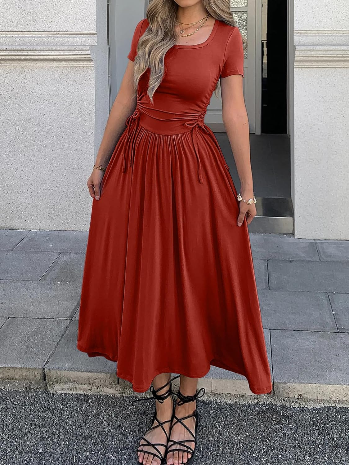 Women’s Short Sleeve Maxi Dress Bodycon Long Dress Adjustable Waist Flowy Hem Stretch Casual Dresses with Pockets - Image 2