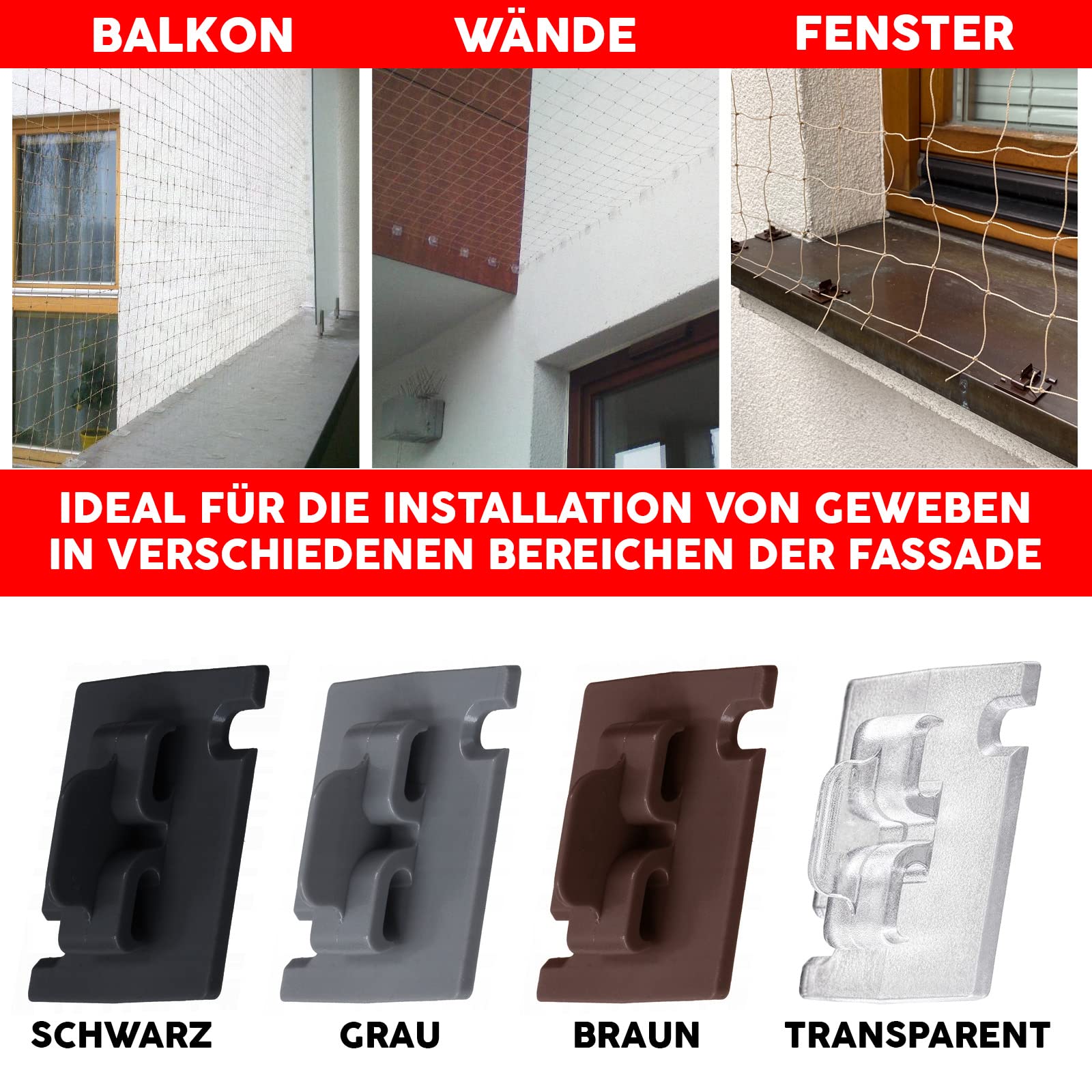 Konzept 11 50 Stück Klebehaken mit Montagekleber 30ml, extra stark, für Katzennetz Balkon – ohne Bohren, transparent, wetterfest, einfache und schnelle Montage