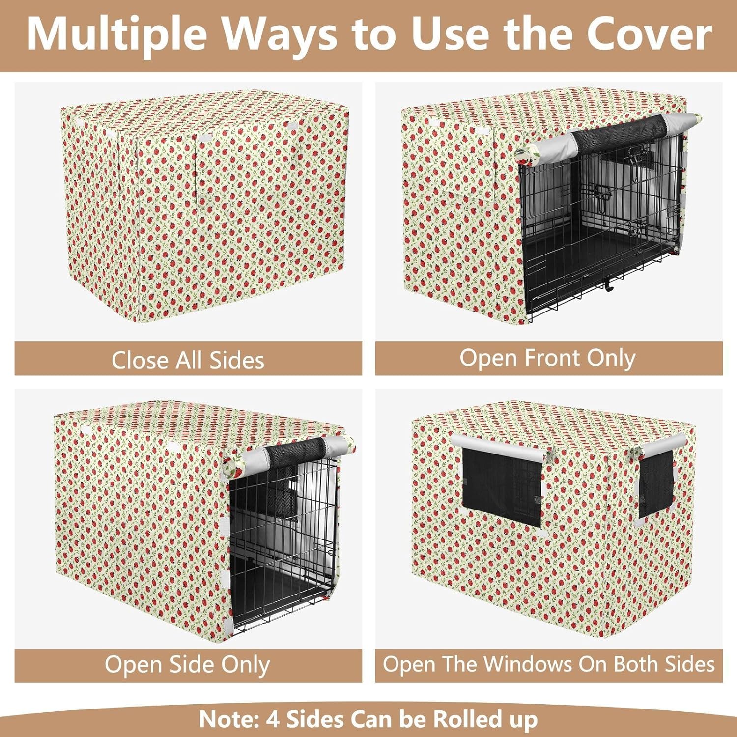 Ladybugs in Beige Crate Covers for Dog Cages Privacy Wire Cage Cover Dog Crate Curtains 48 Inch