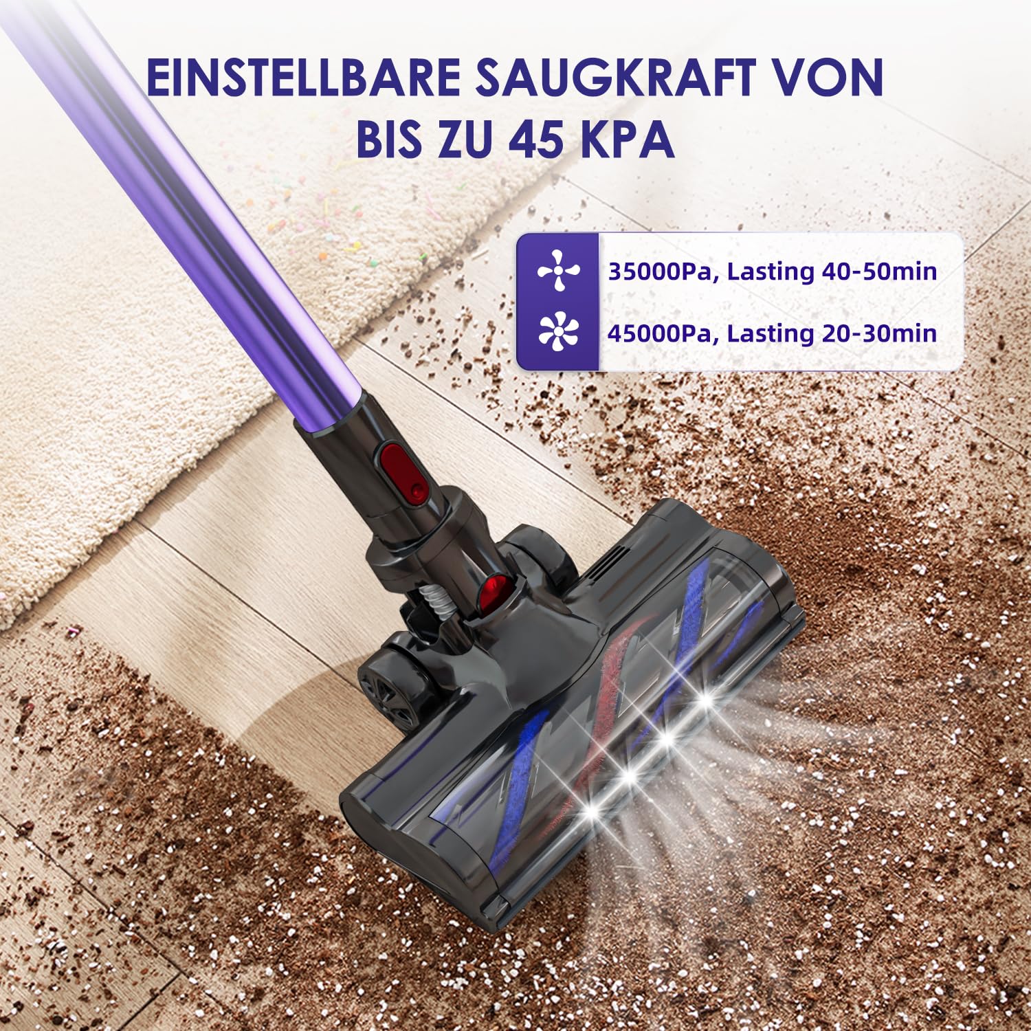 Aspiradora inalámbrica inalámbrica 45000 Pa/50 min, aspiradora inalámbrica con pantalla táctil, filtro HEPA H13, cepillo antibobinado, para suelos duros, alfombras y pelo de mascotas