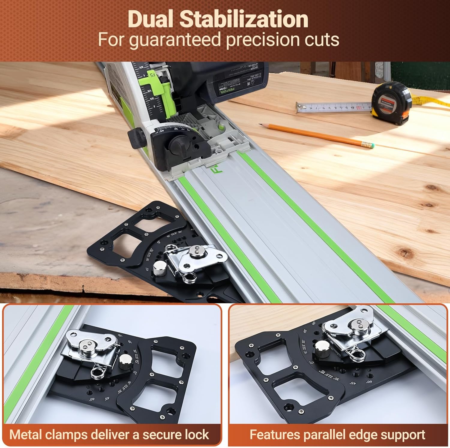 Adjustable Track Saw Square, Compact Multi-Angle Cutting Guide with 11 Angle Stops (-60°to 60°), Quick Setup Design, Enhanced Edge Support, Compatible with Festool, Makita, DeWalt, Milwaukee