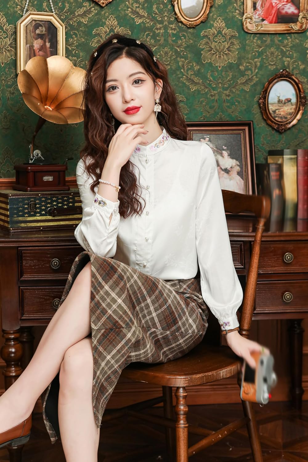 LAI MENG FIVE CATS Women's Vintage Silk Satin Top Embroidery Elegant Jacquard Long Sleeve Casual Blouses