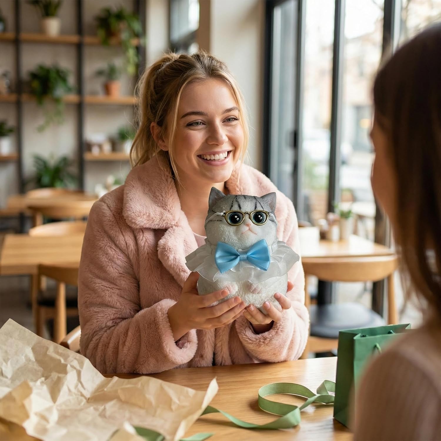Big Taba Squishy Cat - Jumbo 6" Giant Kawaii Stress Relief Toy with Knitted Basket & Glasses(Silver Tabby Cat )
