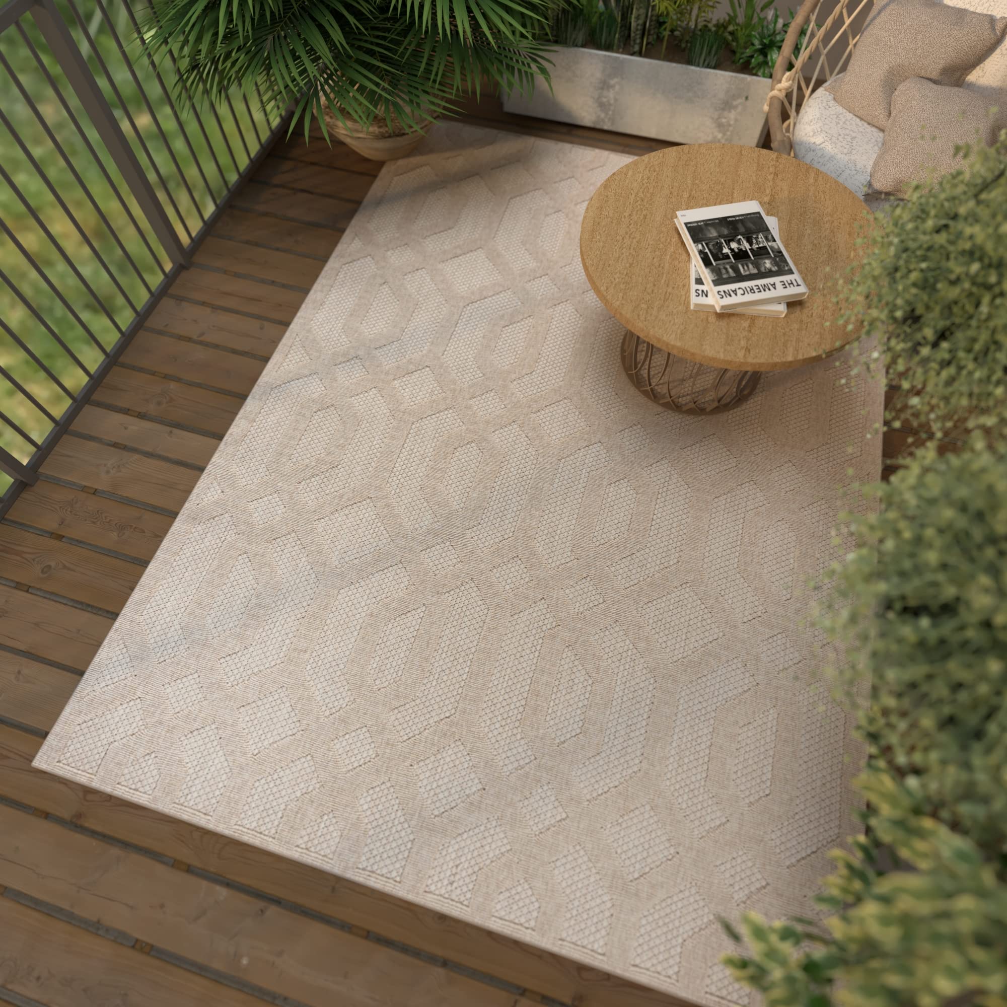 Mazovia Tappeto da Esterno Balcone 80x150cm Crema Geometrico Pelo Corto | Tappeto da Giardino per Terrazza Beige Resistente Alle Intemperie Facile da Pulire Resistente All'acqua Robusto Sintetico